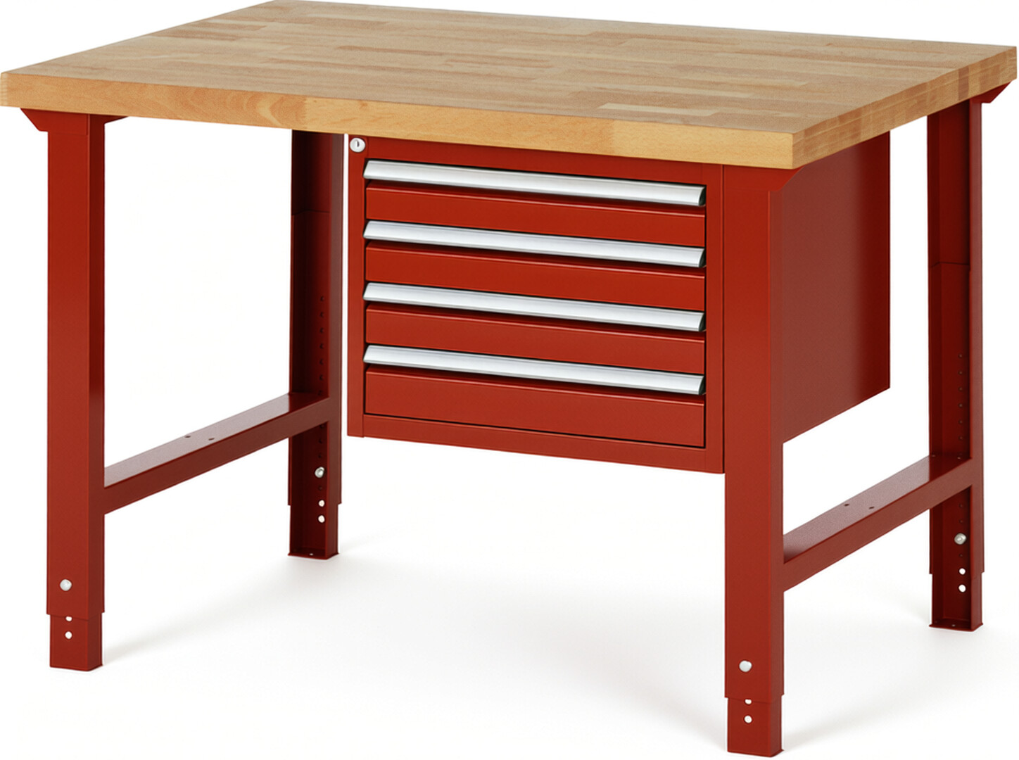 Werkbank Modell 7133 rot, BxTxH 1250x900x790-1140 mm,  Buche-Massiv Arbeitsplatte 40 mm,  4 Schubladen mit  Vollauszug 100 % und  SoftClosing
