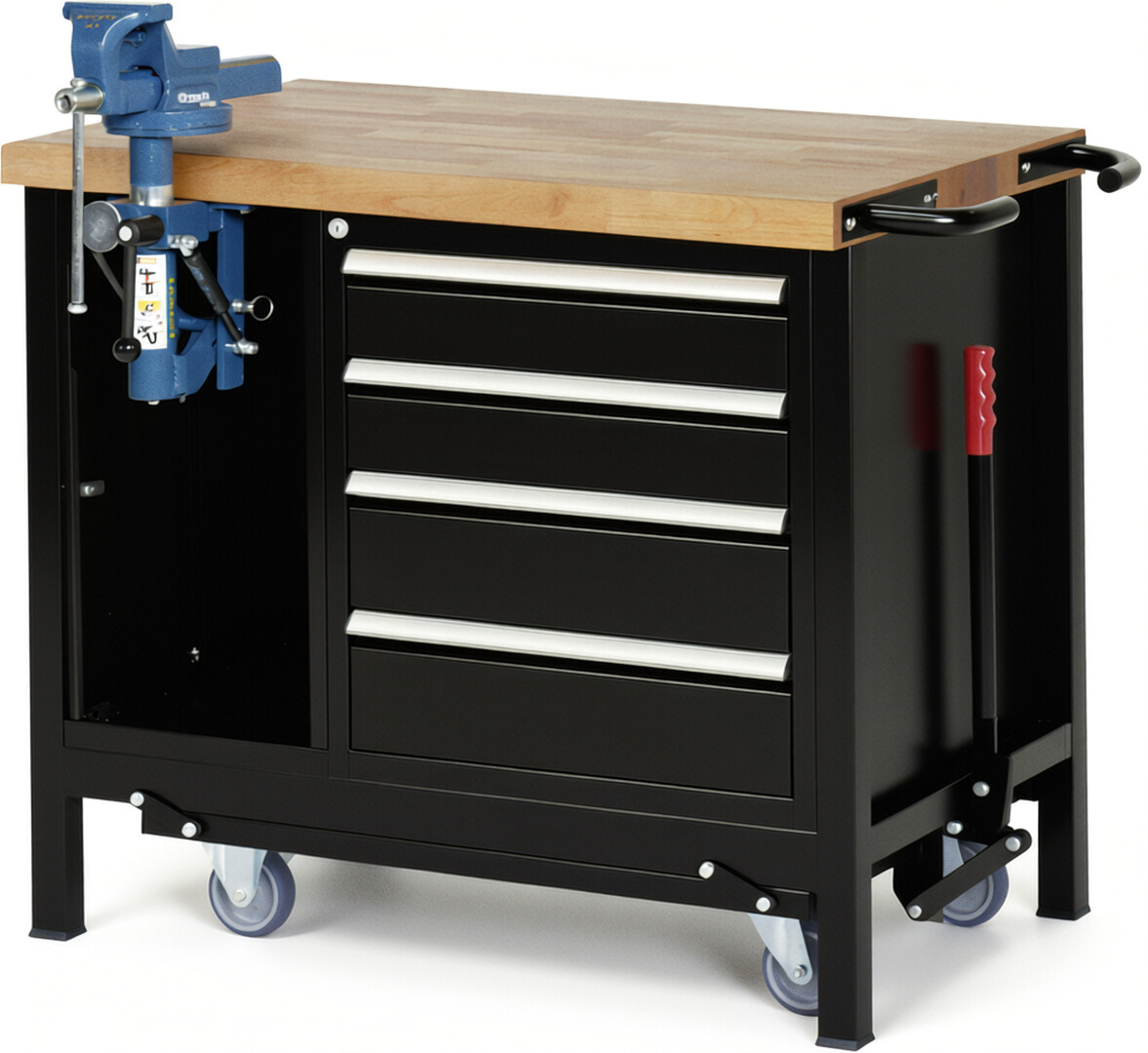 Absenkbare Werkbank Modell 8185 schwarz, BxTxH 1000x700x880 mm,  Buche-Massiv Arbeitsplatte 40 mm,  4 Schubladen mit  Vollauszug 100 % und  SoftClosing
