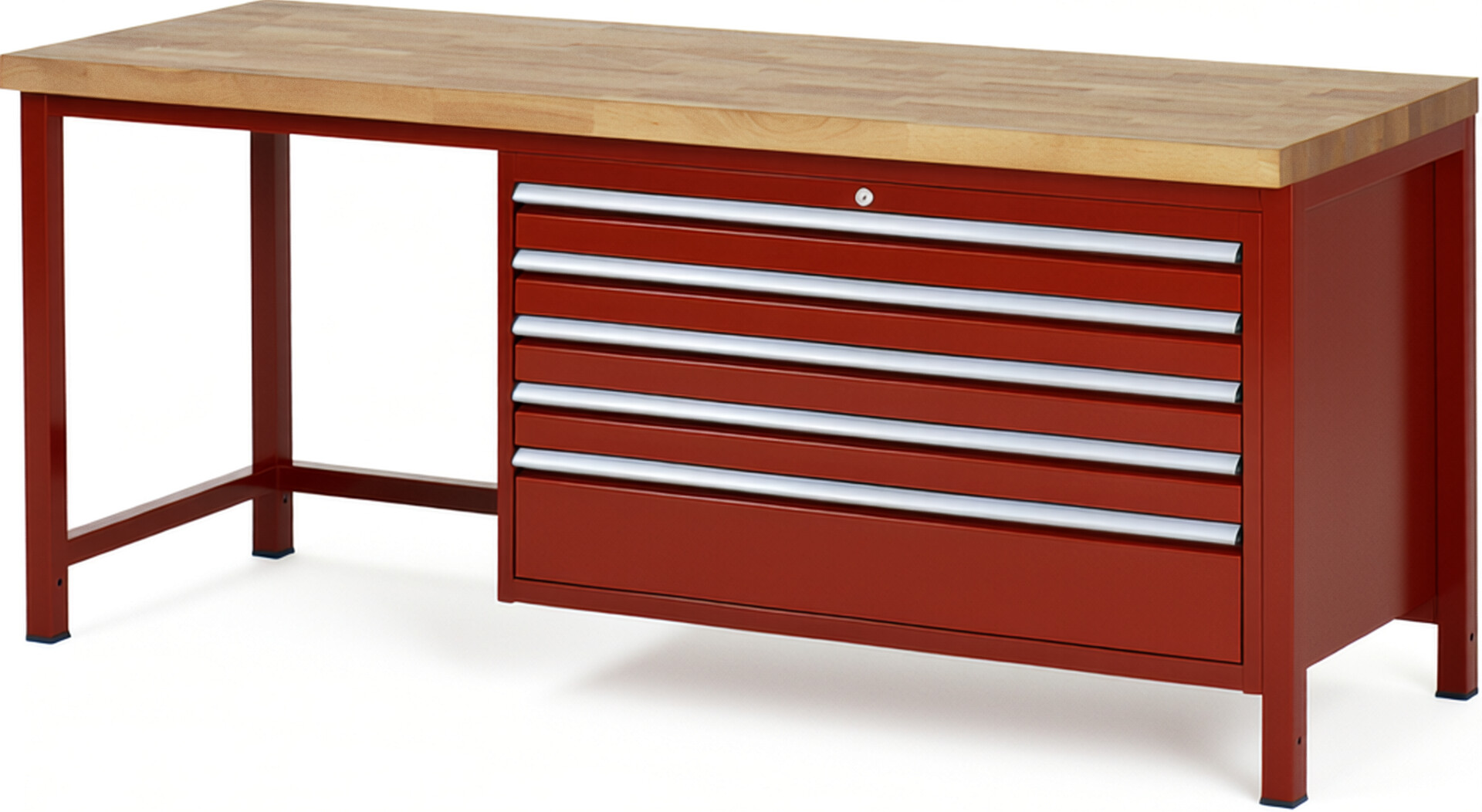 Werkbank Modell 8368 rot, BxTxH 2000x700x840 mm,  Buche-Massiv Arbeitsplatte 40 mm,  5 Schubladen mit  Auszug 90 %