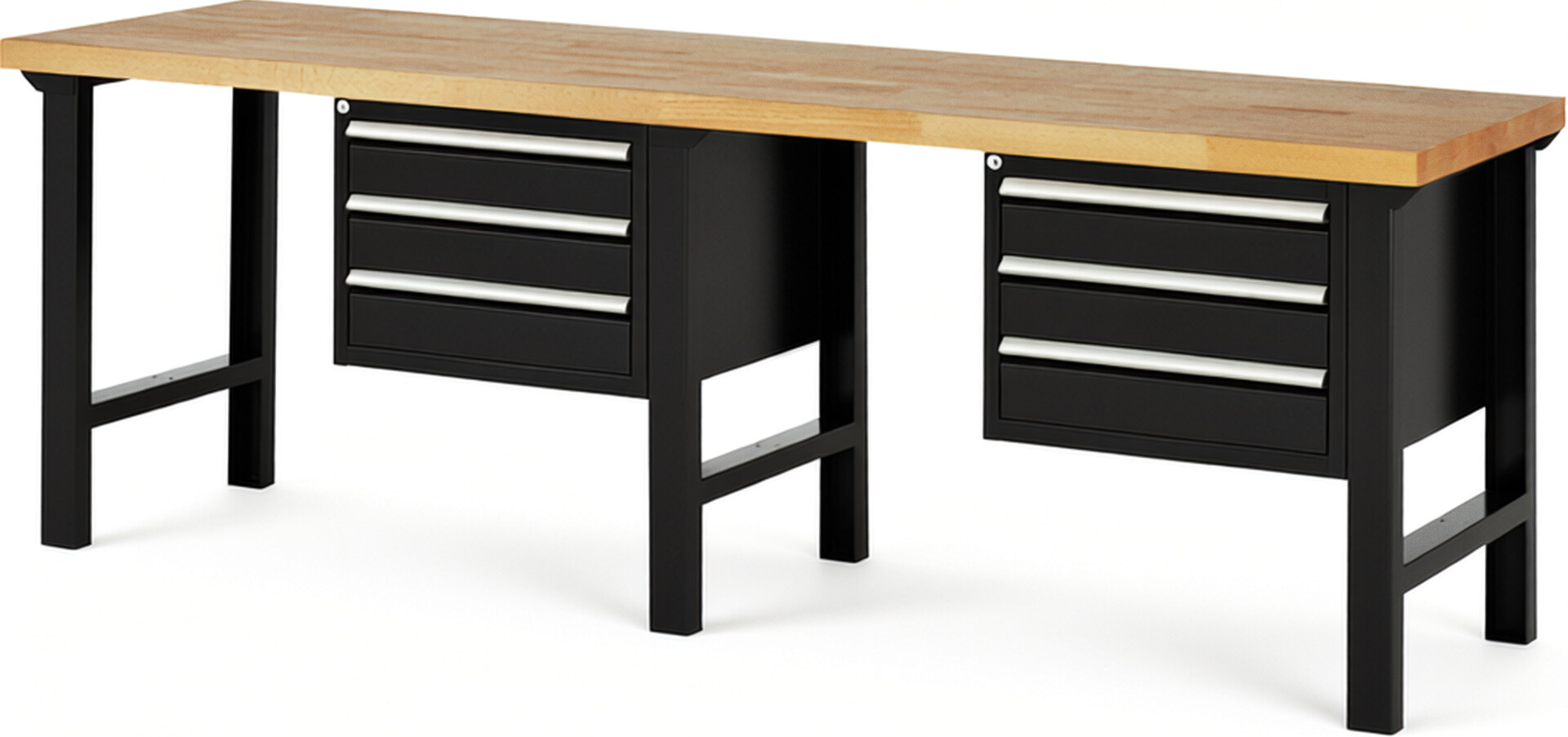 Werkbank Modell 7127 schwarz, BxTxH 2500x700x840 mm,  Buche-Massiv Arbeitsplatte 40 mm,  6 Schubladen mit  Vollauszug 100 % und  SoftClosing