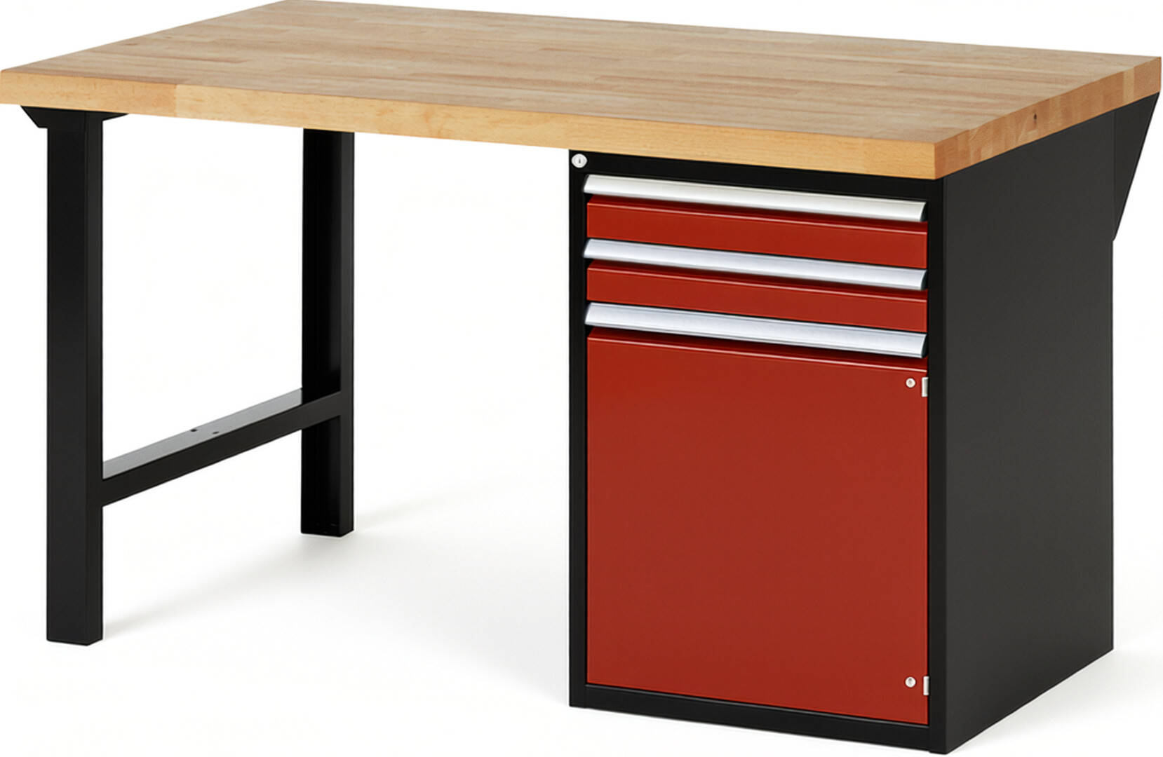 RAU Werkbank schwarz - rot - Breite 150 cm - Tiefe 90 cm - Höhe 89 cm - Buche-Massiv Arbeitsplatte 40 mm