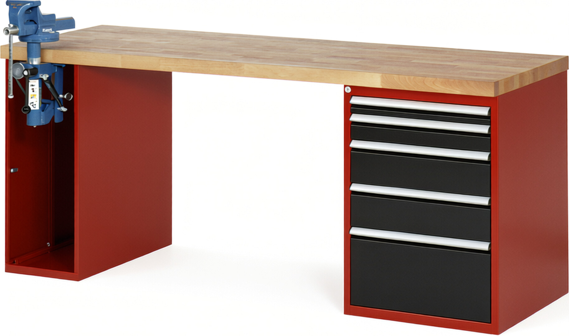 Werkbank Modell 7511 rot - schwarz, BxTxH 2000x700x890 mm,  Buche-Massiv Arbeitsplatte 40 mm,  5 Schubladen mit  Auszug 90 %
