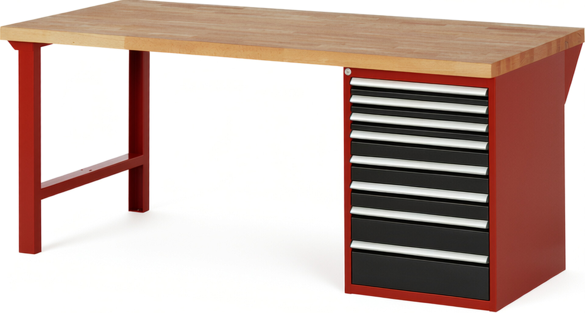Werkbank Modell 7519 rot - schwarz, BxTxH 2000x900x890 mm,  Buche-Massiv Arbeitsplatte 40 mm,  8 Schubladen mit  Auszug 90 %