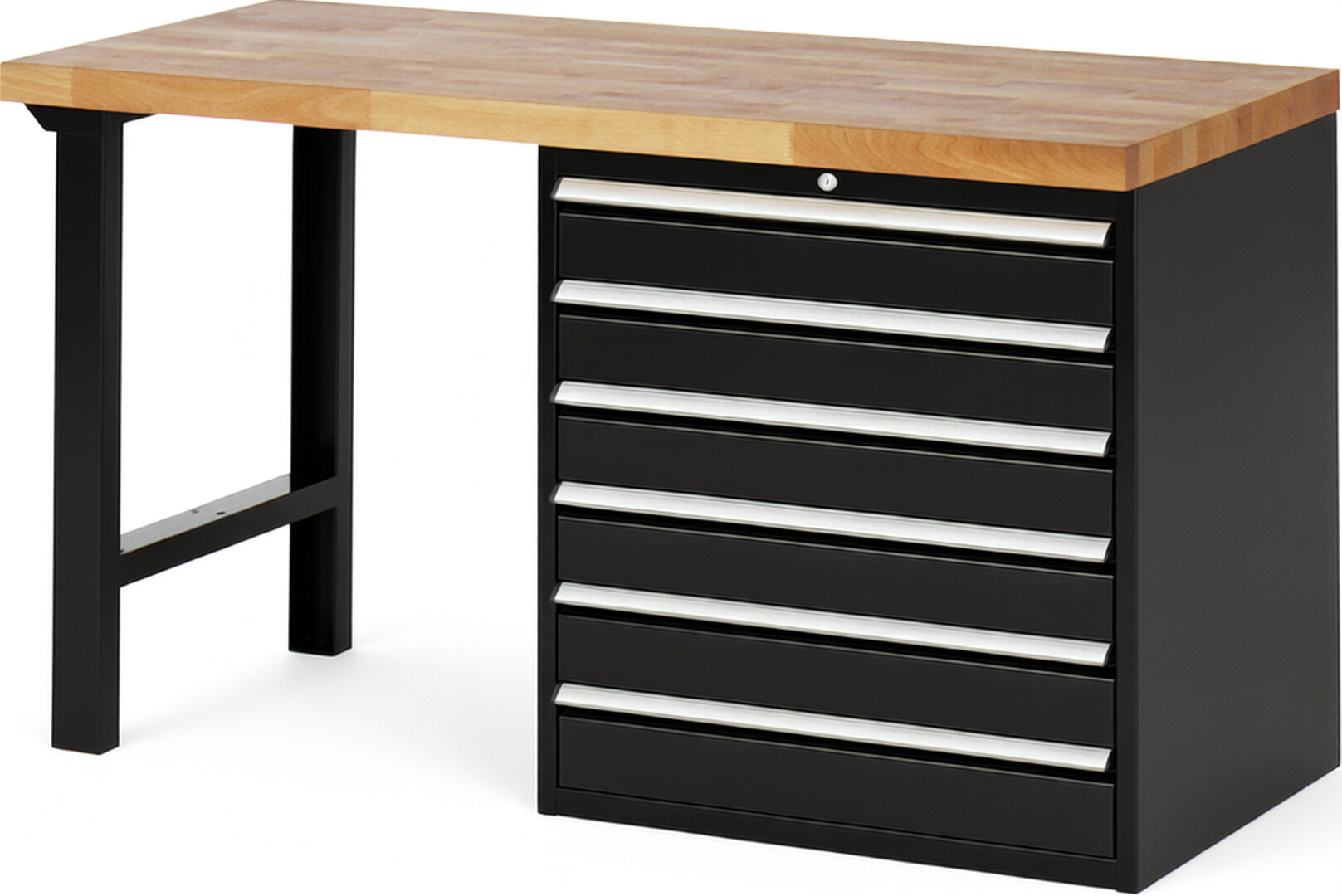 Werkbank Modell 7616 schwarz, BxTxH 1500x700x890 mm,  Buche-Massiv Arbeitsplatte 40 mm,  6 Schubladen mit  Auszug 90 %