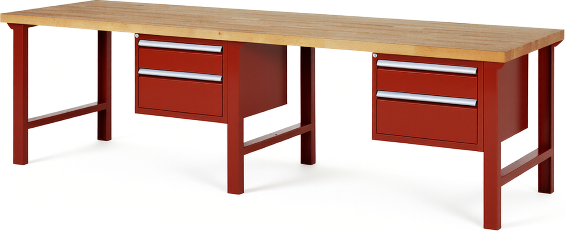 Werkbank Modell 7123 rot, BxTxH 3000x900x840 mm,  Buche-Massiv Arbeitsplatte 40 mm,  4 Schubladen mit  Auszug 90 %
