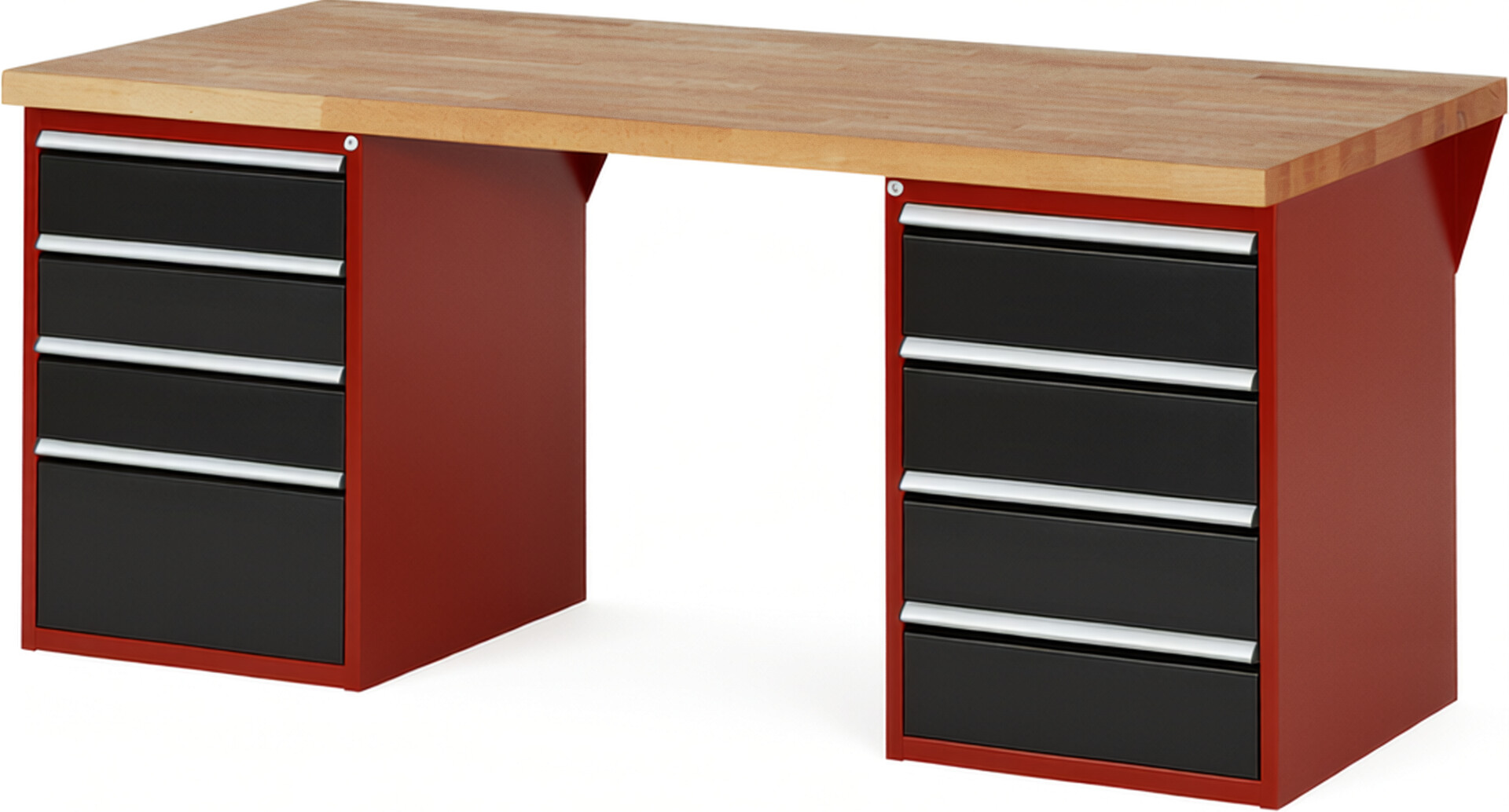 Werkbank Modell 7820 rot - schwarz, BxTxH 2000x900x890 mm,  Buche-Massiv Arbeitsplatte 40 mm,  8 Schubladen mit  Vollauszug 100 % und  SoftClosing
