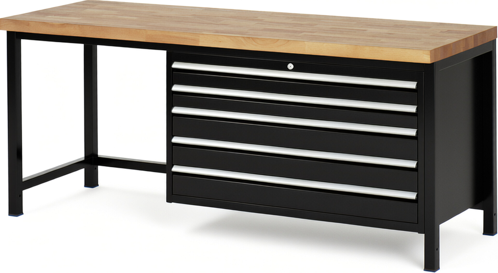 Werkbank Modell 8371 schwarz, BxTxH 2000x700x840 mm,  Buche-Massiv Arbeitsplatte 40 mm,  5 Schubladen mit  Auszug 90 %
