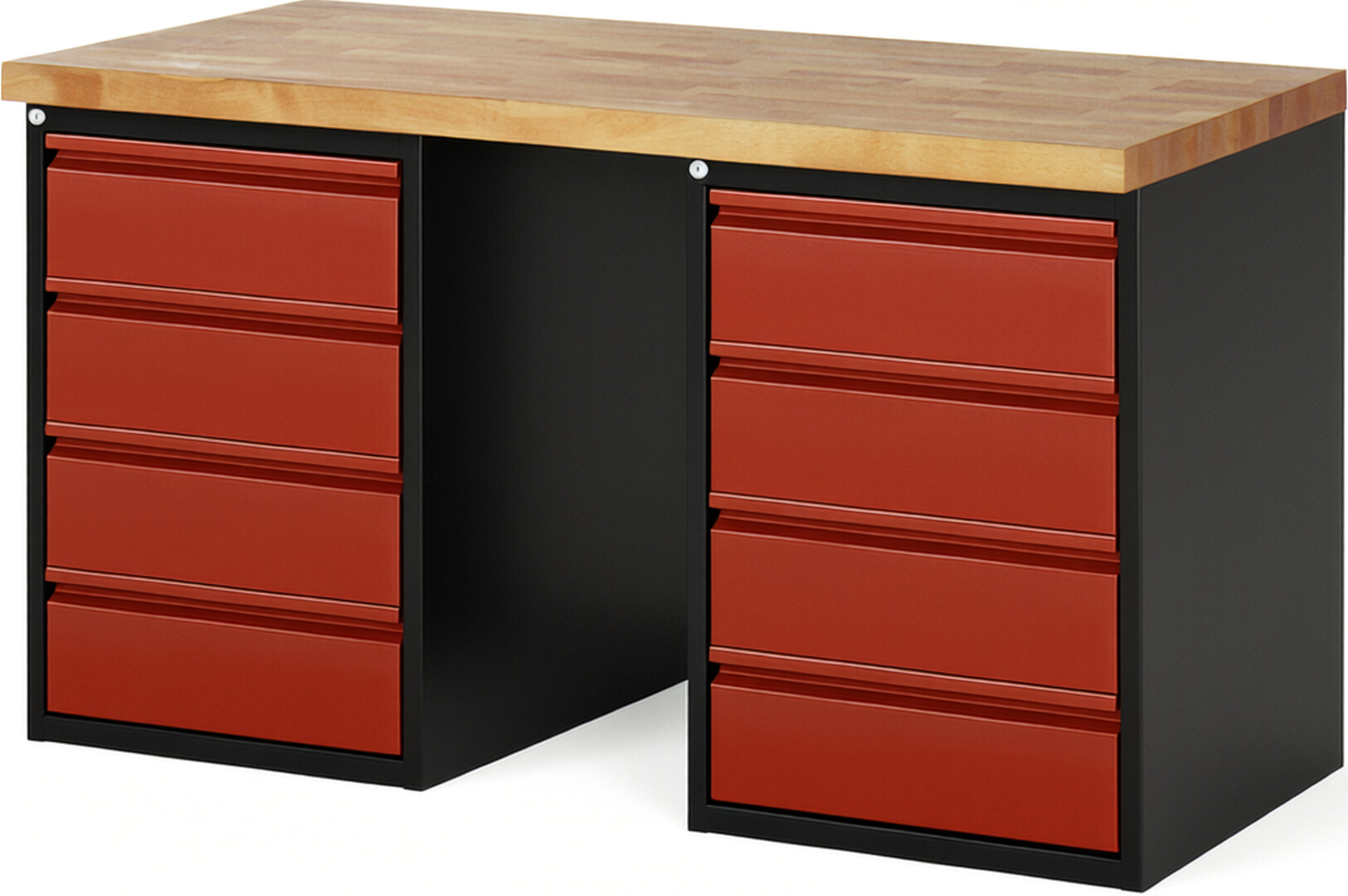 RAU Werkbank schwarz - rot - Breite 150 cm - Tiefe 70 cm - Höhe 89 cm - Buche-Massiv Arbeitsplatte 40 mm