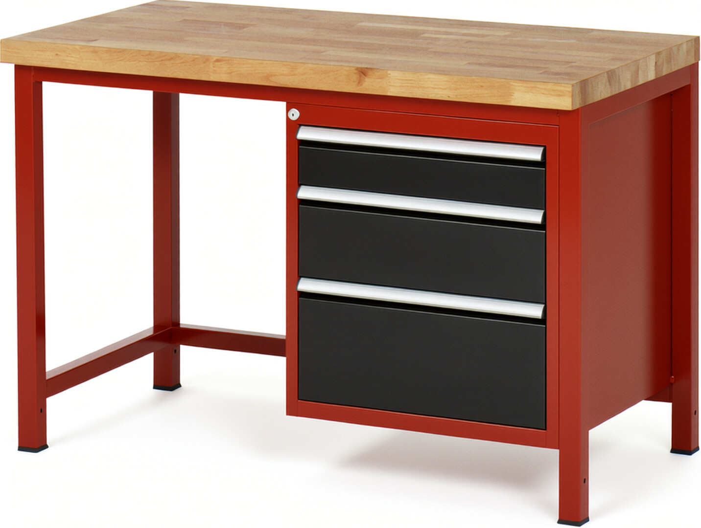 RAU Werkbank rot - schwarz - Breite 125 cm - Tiefe 70 cm - Höhe 104 cm - Buche-Massiv Arbeitsplatte 40 mm