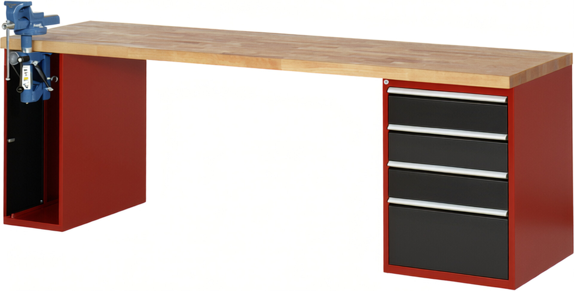 Werkbank Modell 7510 rot - schwarz, BxTxH 2500x700x890 mm,  Buche-Massiv Arbeitsplatte 40 mm,  4 Schubladen mit  Vollauszug 100 % und  SoftClosing