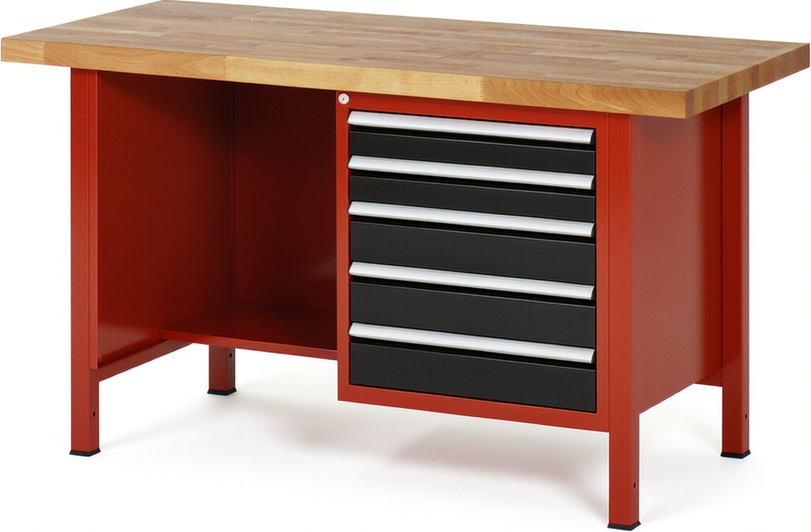 Werkbank Modell 8454 rot - schwarz, BxTxH 1500x700x840-1040 mm,  Buche-Massiv Arbeitsplatte 40 mm,  5 Schubladen mit  Auszug 90 %