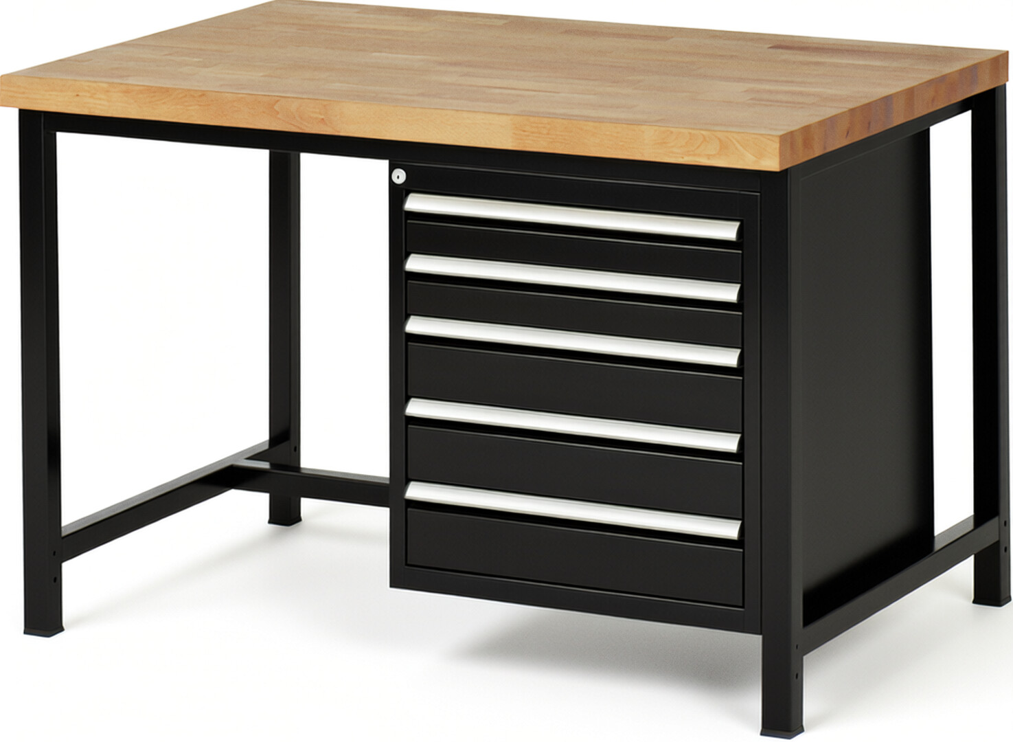 Werkbank Modell 8171 schwarz, BxTxH 1250x900x840-1040 mm,  Buche-Massiv Arbeitsplatte 40 mm,  5 Schubladen mit  Auszug 90 %