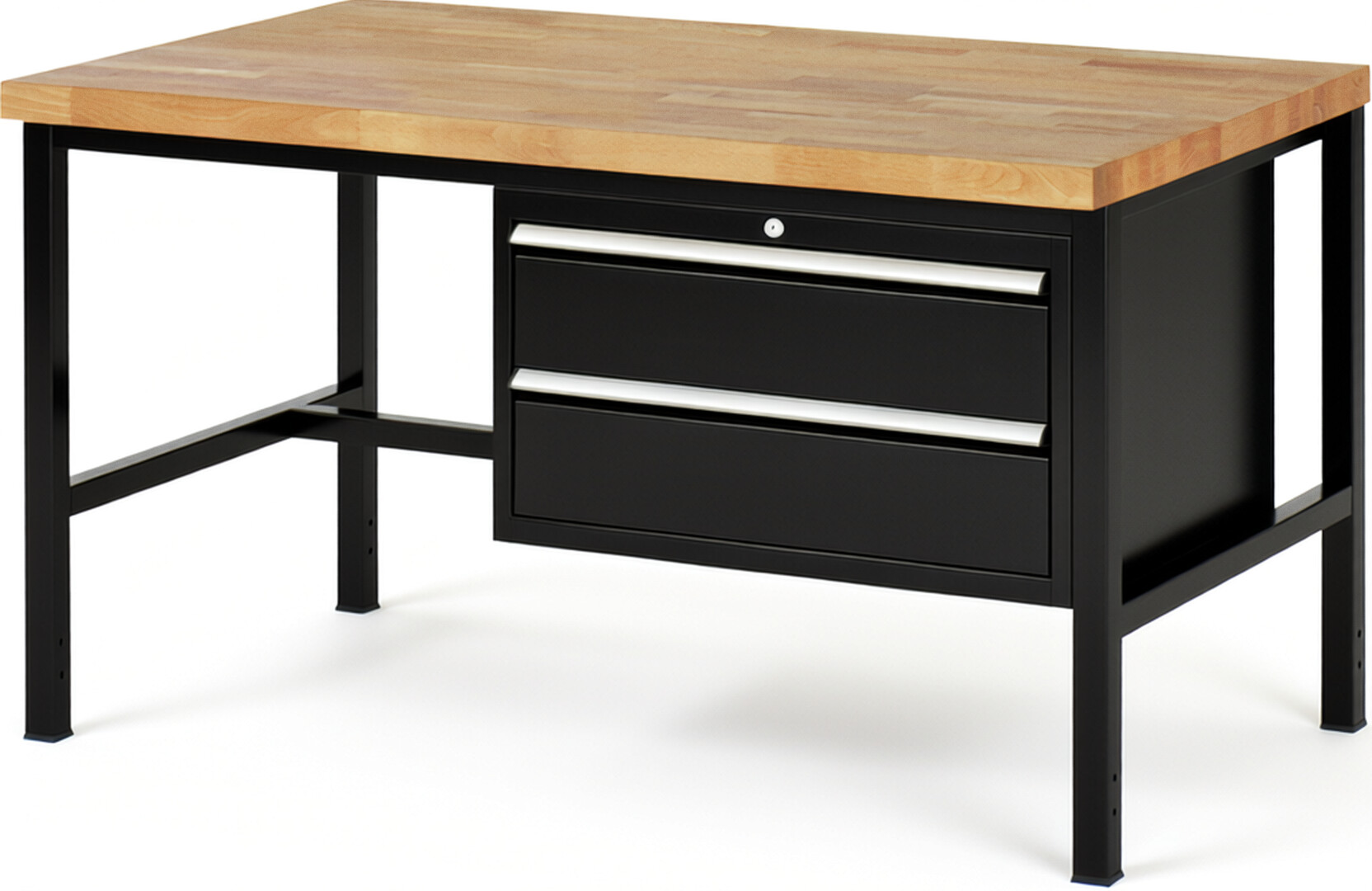 Werkbank Modell 8225 schwarz, BxTxH 1500x900x840 mm,  Buche-Massiv Arbeitsplatte 40 mm,  2 Schubladen mit  Vollauszug 100 % und  SoftClosing