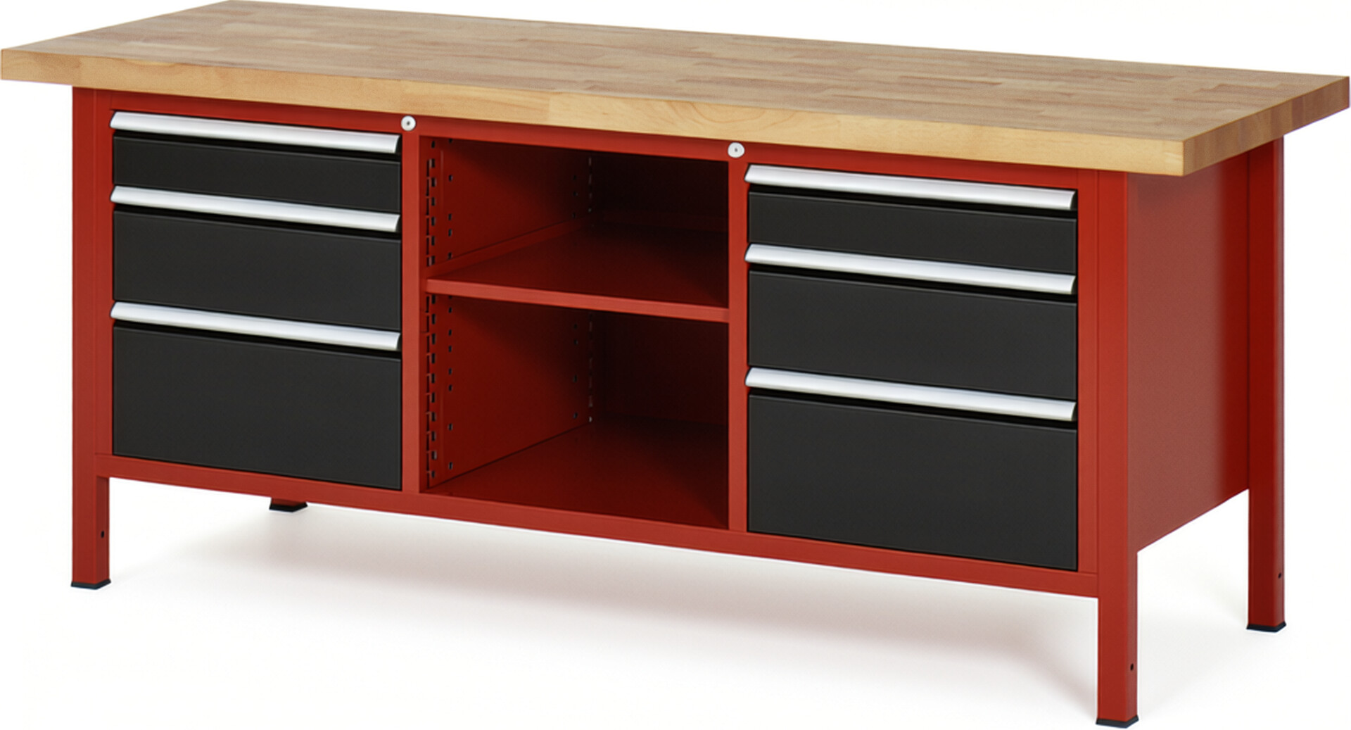 Werkbank Modell 8564 rot - schwarz, BxTxH 2000x700x840-1040 mm,  Buche-Massiv Arbeitsplatte 40 mm,  6 Schubladen mit  Auszug 90 %