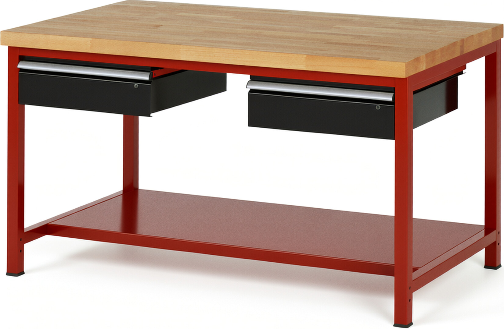 Werkbank Modell 8002 rot - schwarz, BxTxH 1500x900x840-1040 mm,  Buche-Massiv Arbeitsplatte 40 mm,  2 Schubladen mit  Auszug 90 %