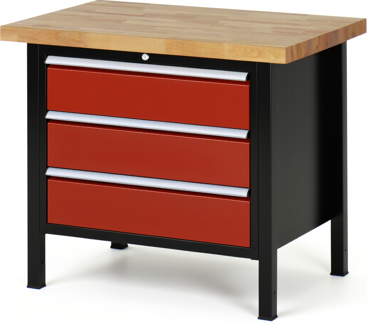 RAU Werkbank schwarz - rot - Breite 100 cm - Tiefe 70 cm - Höhe 104 cm - Buche-Massiv Arbeitsplatte 40 mm