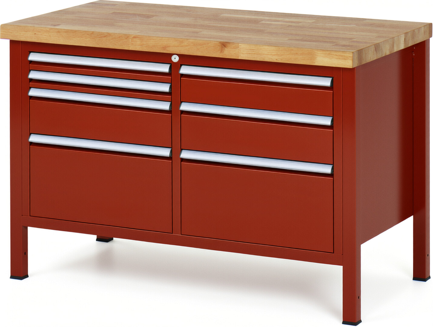 Werkbank Modell 8476 rot, BxTxH 1250x700x840 mm,  Buche-Massiv Arbeitsplatte 40 mm,  7 Schubladen mit  Auszug 90 %