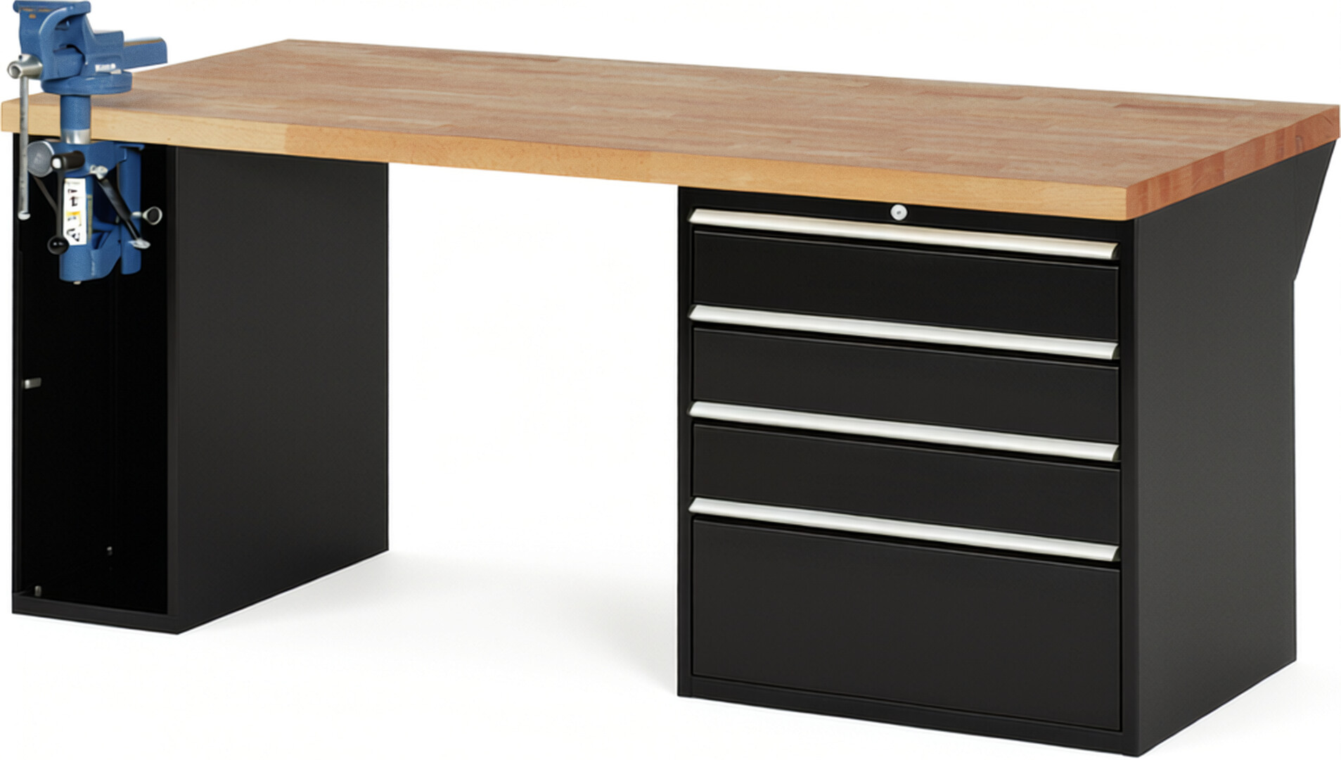 Werkbank Modell 7610 schwarz, BxTxH 2000x900x890 mm,  Buche-Massiv Arbeitsplatte 40 mm,  4 Schubladen mit  Auszug 90 %