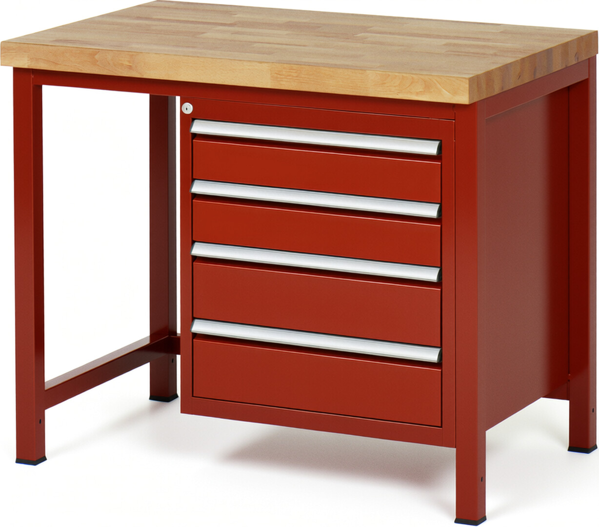 Werkbank Modell 8162 rot, BxTxH 1000x700x840-1040 mm,  Buche-Massiv Arbeitsplatte 40 mm,  4 Schubladen mit  Auszug 90 %