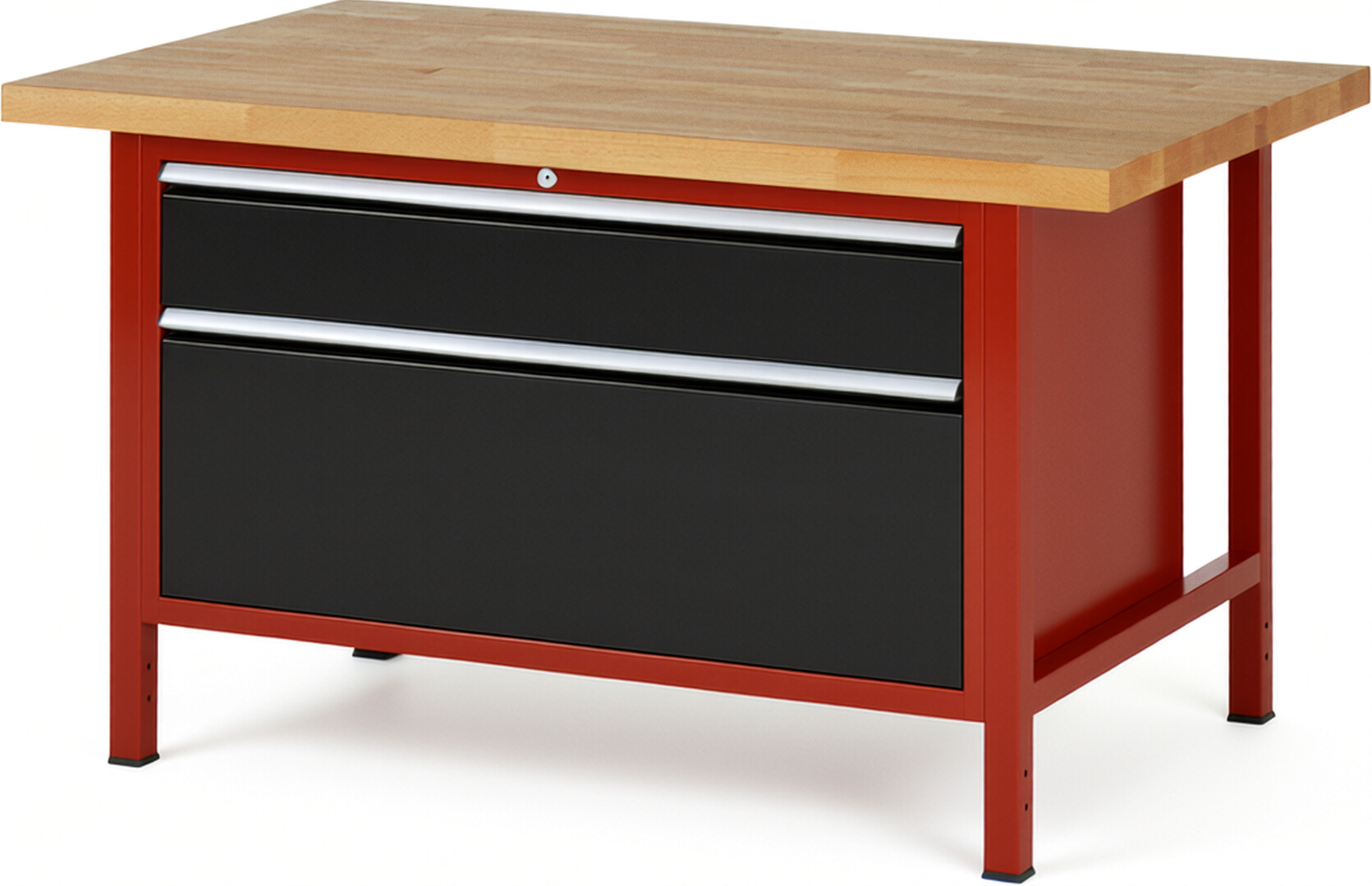 Werkbank Modell 8356 rot - schwarz, BxTxH 1500x900x840 mm,  Buche-Massiv Arbeitsplatte 40 mm,  2 Schubladen mit  Auszug 90 %