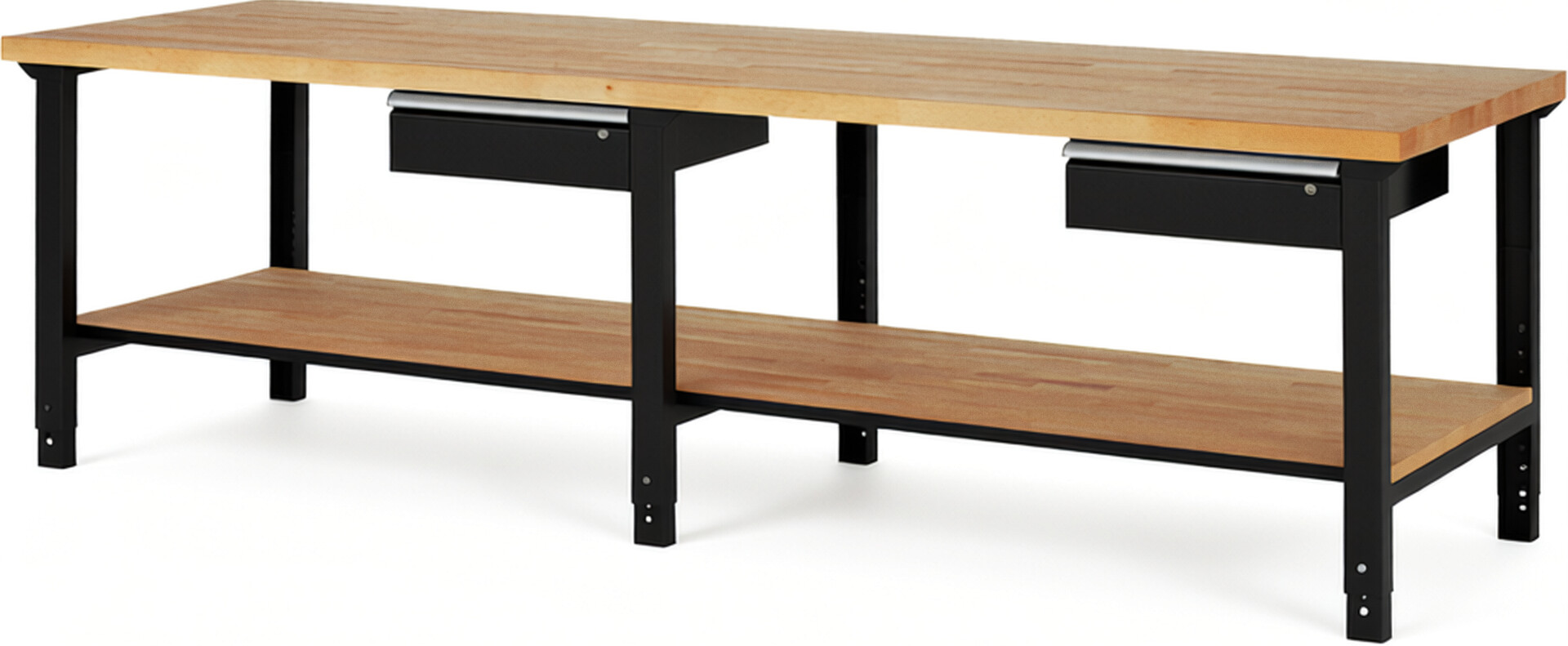 Werkbank Modell 7001 schwarz, BxTxH 3000x900x790-1140 mm,  Buche-Massiv Arbeitsplatte 40 mm,  2 Schubladen mit  Auszug 90 %