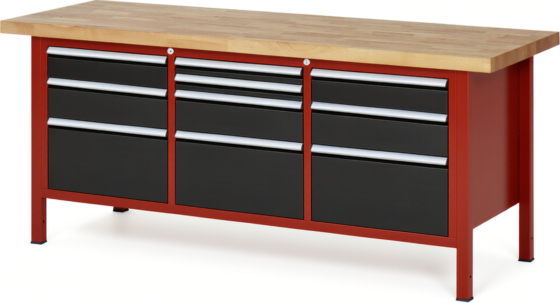 Werkbank Modell 8576 rot - schwarz, BxTxH 2000x700x840-1040 mm,  Buche-Massiv Arbeitsplatte 40 mm,  10 Schubladen mit  Auszug 90 %