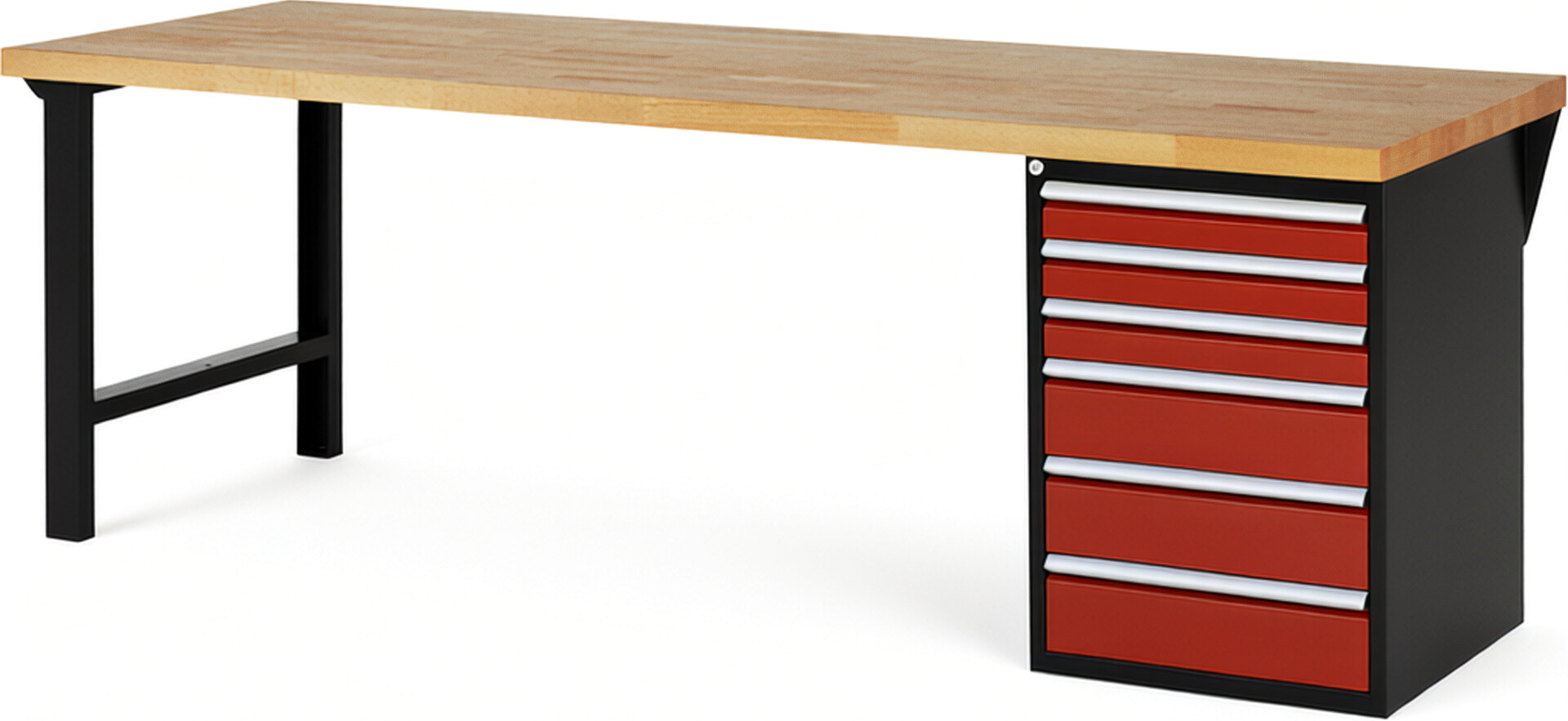 RAU Werkbank schwarz - rot - Breite 250 cm - Tiefe 90 cm - Höhe 89 cm - Buche-Massiv Arbeitsplatte 40 mm