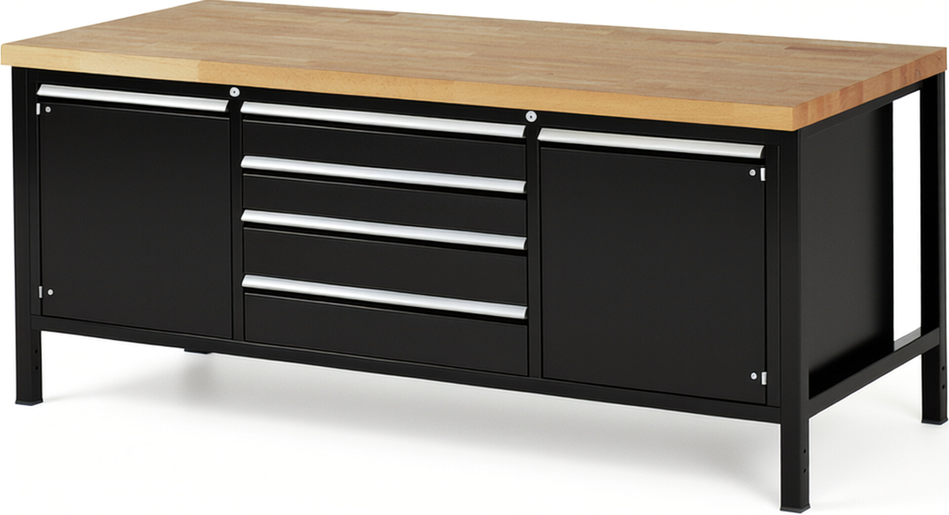 Werkbank Modell 8752 schwarz, BxTxH 2000x900x840-1040 mm,  Buche-Massiv Arbeitsplatte 40 mm,  4 Schubladen mit  Vollauszug 100 % und  SoftClosing