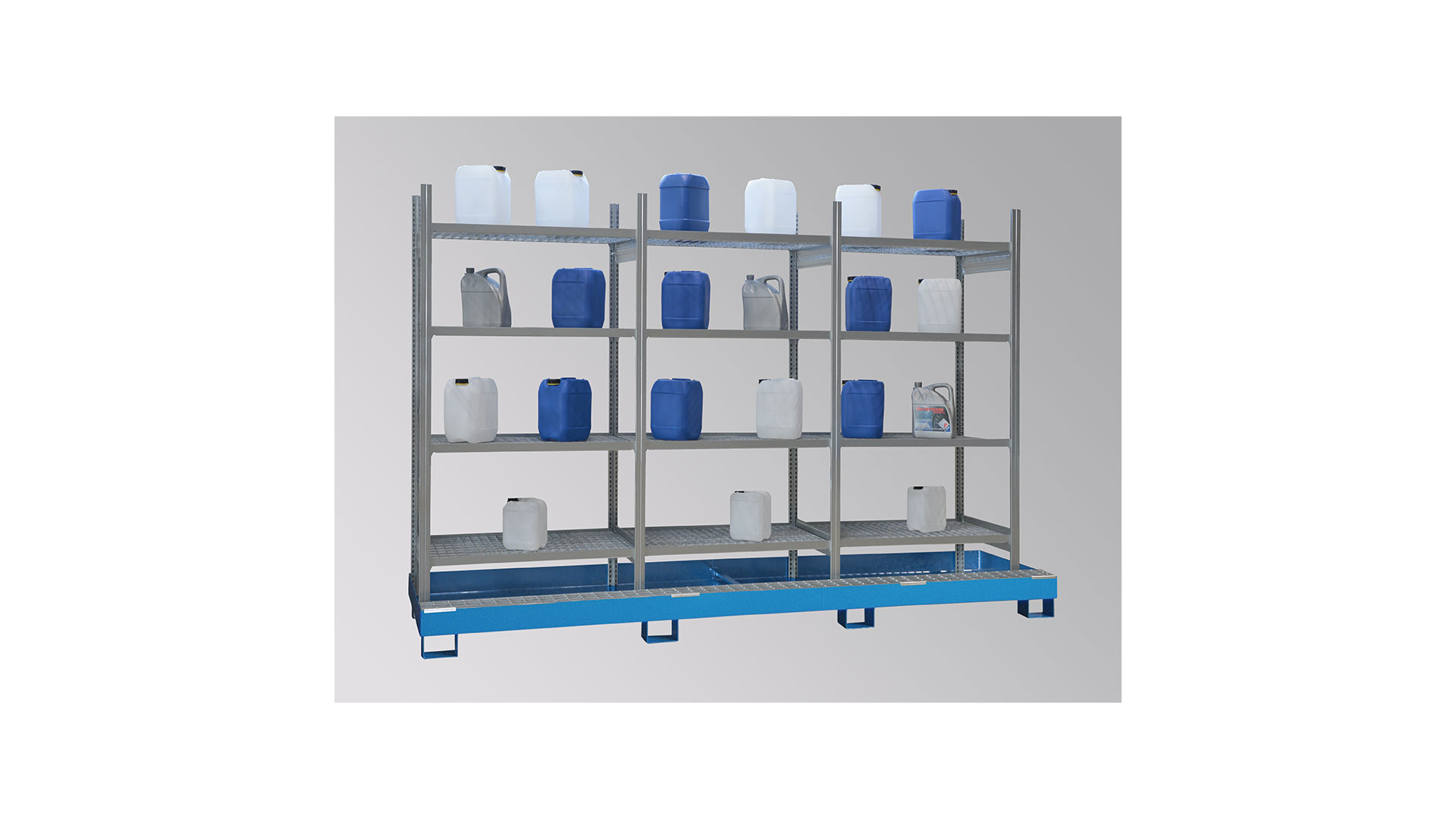 Kleingebinderegal mit 3x4 Gitterrostböden und 1 Auffangwanne RAL 5015