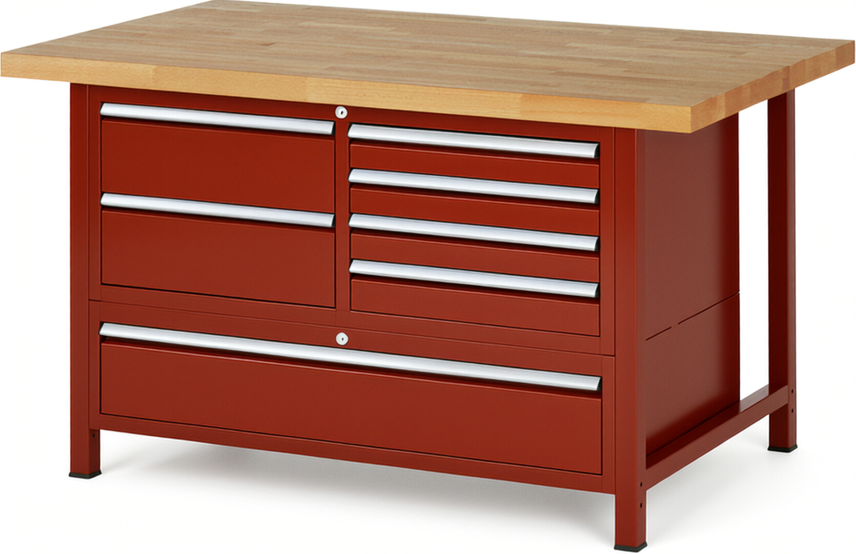 Werkbank Modell 8931 rot, BxTxH 1500x900x840 mm,  Buche-Massiv Arbeitsplatte 40 mm,  7 Schubladen mit  Auszug 90 %