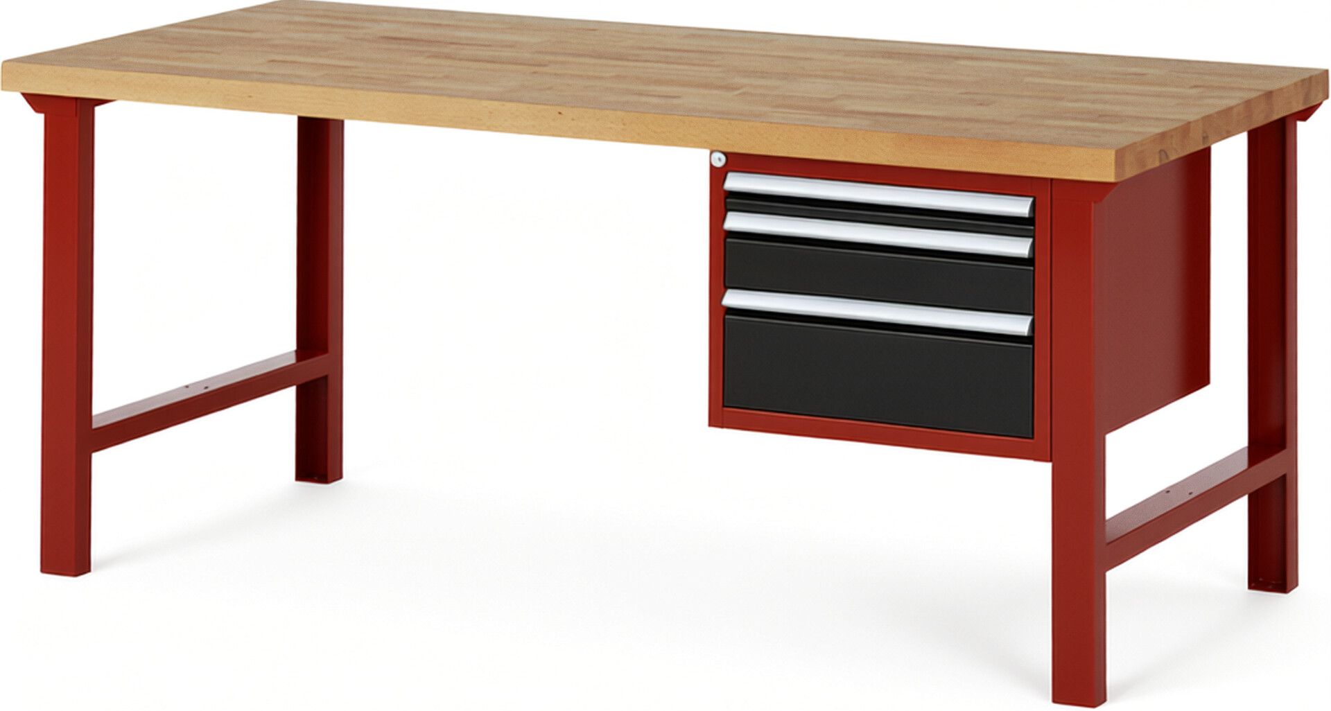 Werkbank Modell 7126 rot - schwarz, BxTxH 2000x900x840 mm,  Buche-Massiv Arbeitsplatte 40 mm,  3 Schubladen mit  Vollauszug 100 % und  SoftClosing