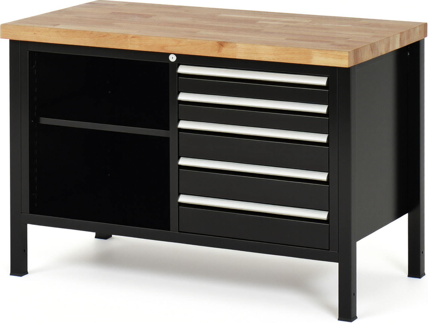 Werkbank Modell 8464 schwarz, BxTxH 1250x700x840 mm,  Buche-Massiv Arbeitsplatte 40 mm,  5 Schubladen mit  Auszug 90 %