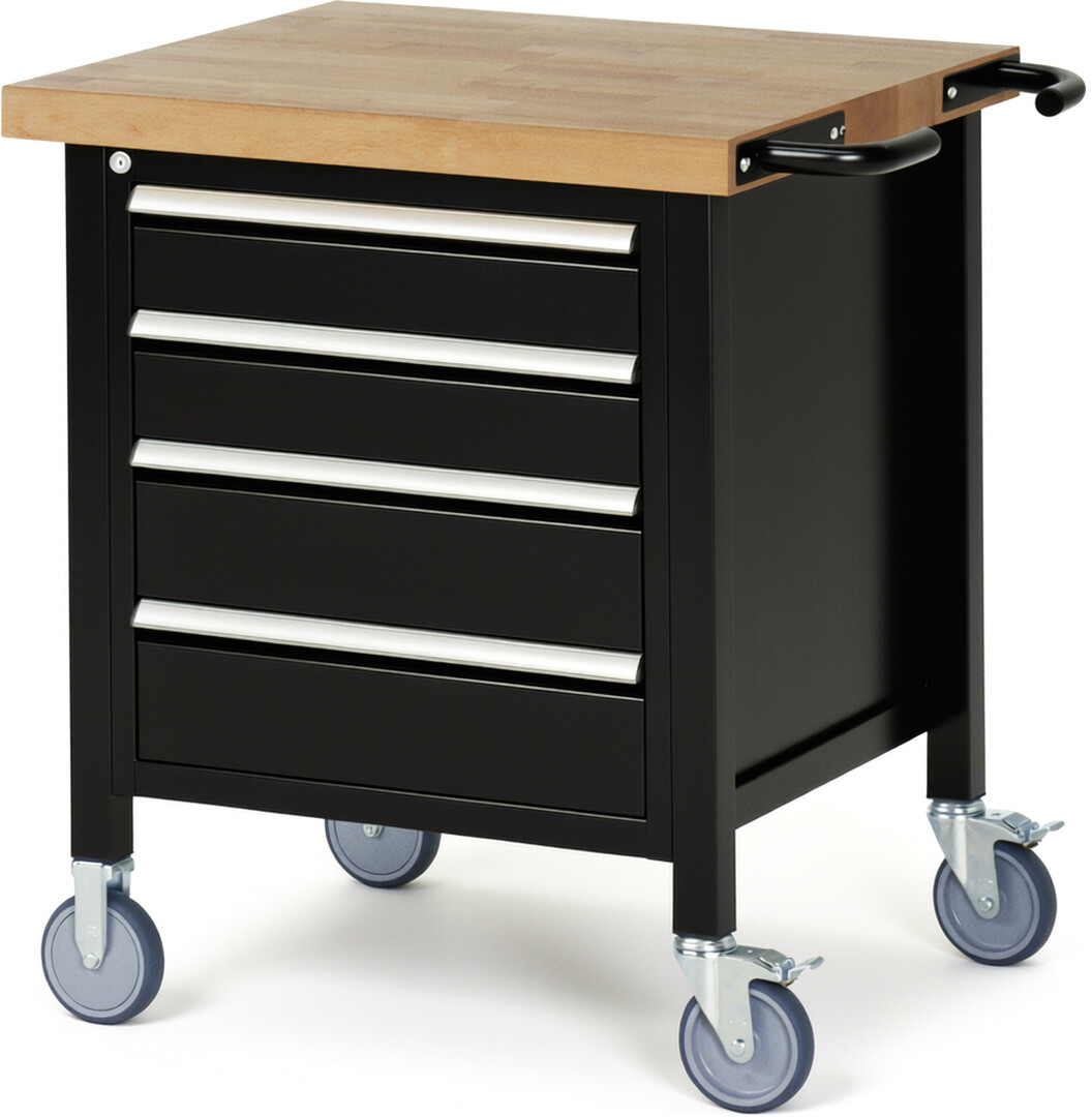 Fahrbare Werkbank Modell 8162 schwarz, BxTxH 750x700x880 mm,  Buche-Massiv Arbeitsplatte 40 mm,  4 Schubladen mit  Vollauszug 100 % und  SoftClosing