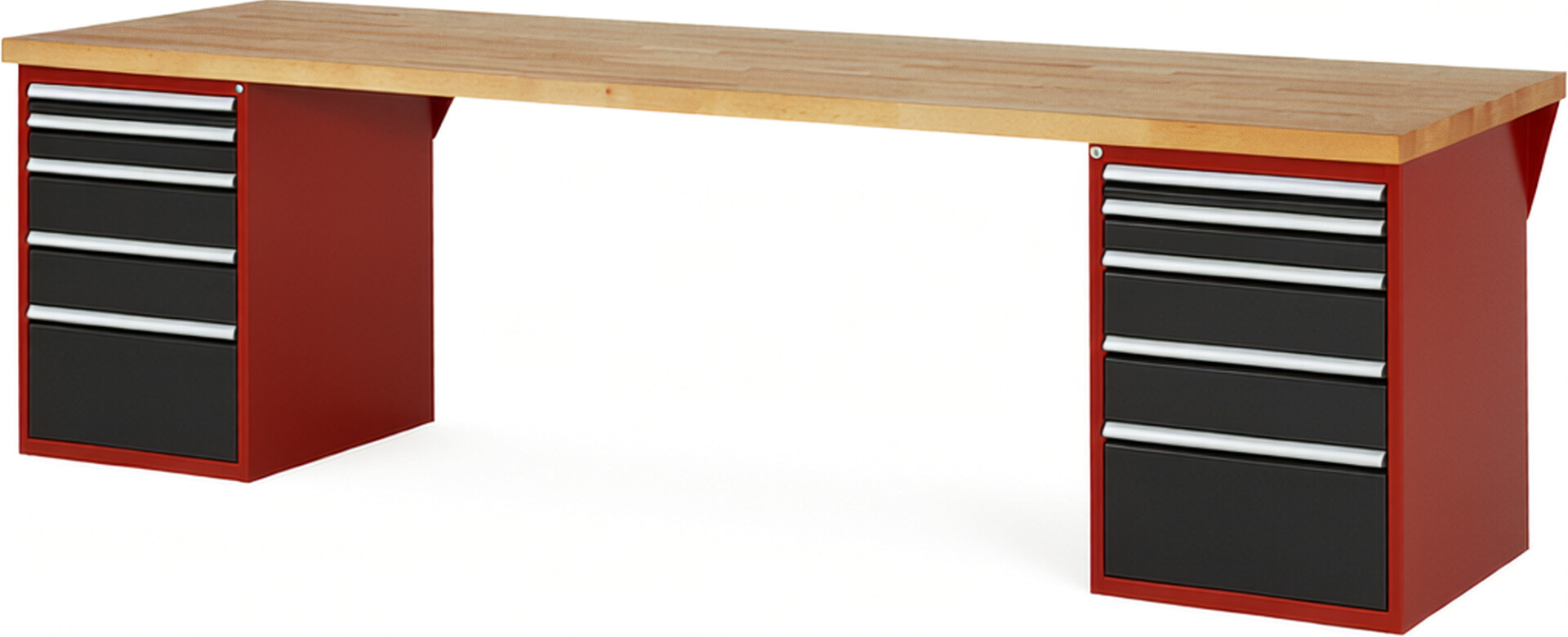 Werkbank Modell 7511 rot - schwarz, BxTxH 3000x900x890 mm,  Buche-Massiv Arbeitsplatte 40 mm,  10 Schubladen mit  Vollauszug 100 % und  SoftClosing