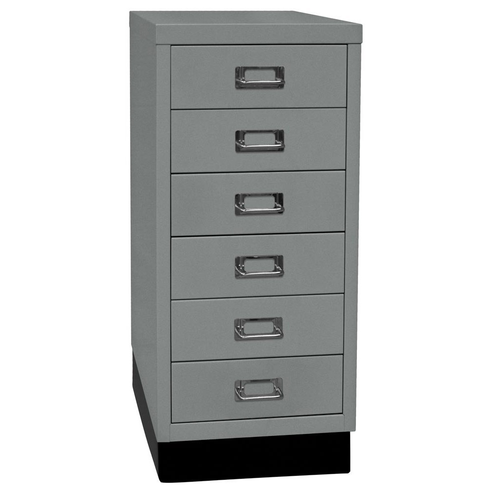 Schubladenschrank aus Stahl, BxTxH 279x380x670 mm, 6 Schubladen 87 mm, DIN A4, Sockel 80 mm hoch, silber