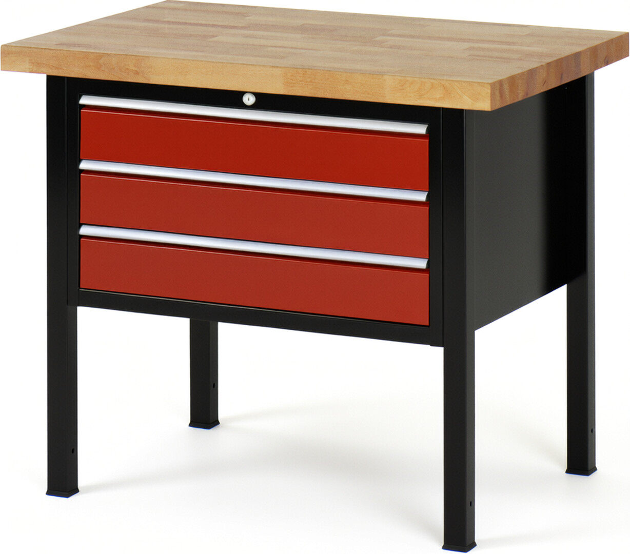 RAU Werkbank schwarz - rot - Breite 100 cm - Tiefe 70 cm - Höhe 104 cm - Buche-Massiv Arbeitsplatte 40 mm