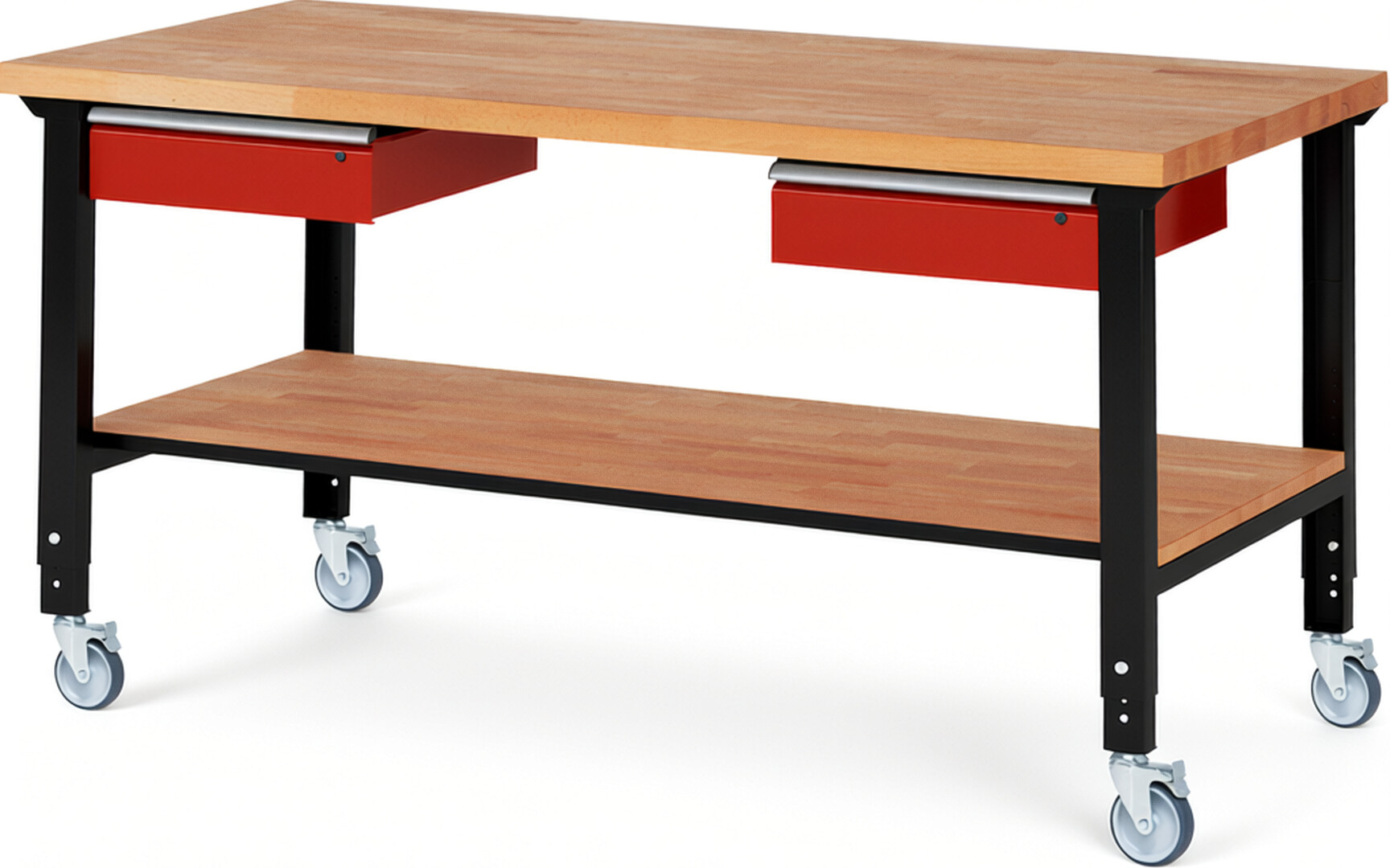 RAU Werkbank schwarz - rot - Breite 200 cm - Tiefe 90 cm - Höhe 100 cm - Buche-Massiv Arbeitsplatte 40 mm