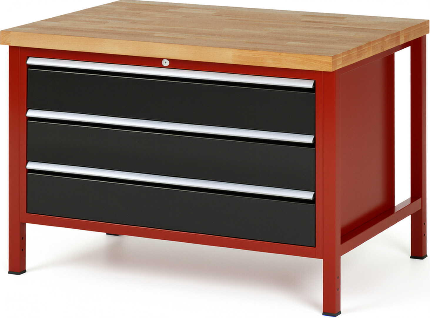 Werkbank Modell 8357 rot - schwarz, BxTxH 1250x900x840 mm,  Buche-Massiv Arbeitsplatte 40 mm,  3 Schubladen mit  Vollauszug 100 % und  SoftClosing