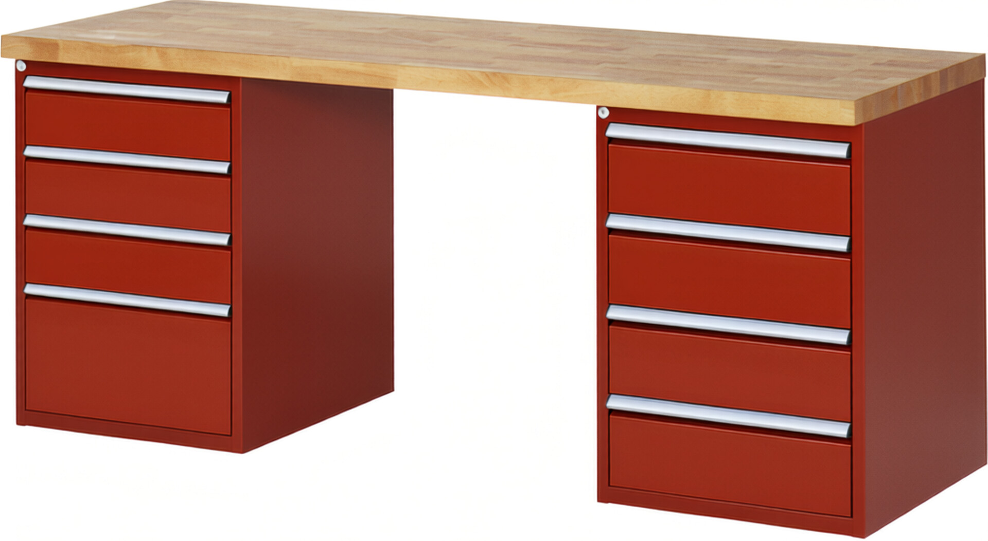 Werkbank Modell 7820 rot, BxTxH 2000x700x890 mm,  Buche-Massiv Arbeitsplatte 40 mm,  8 Schubladen mit  Auszug 90 %