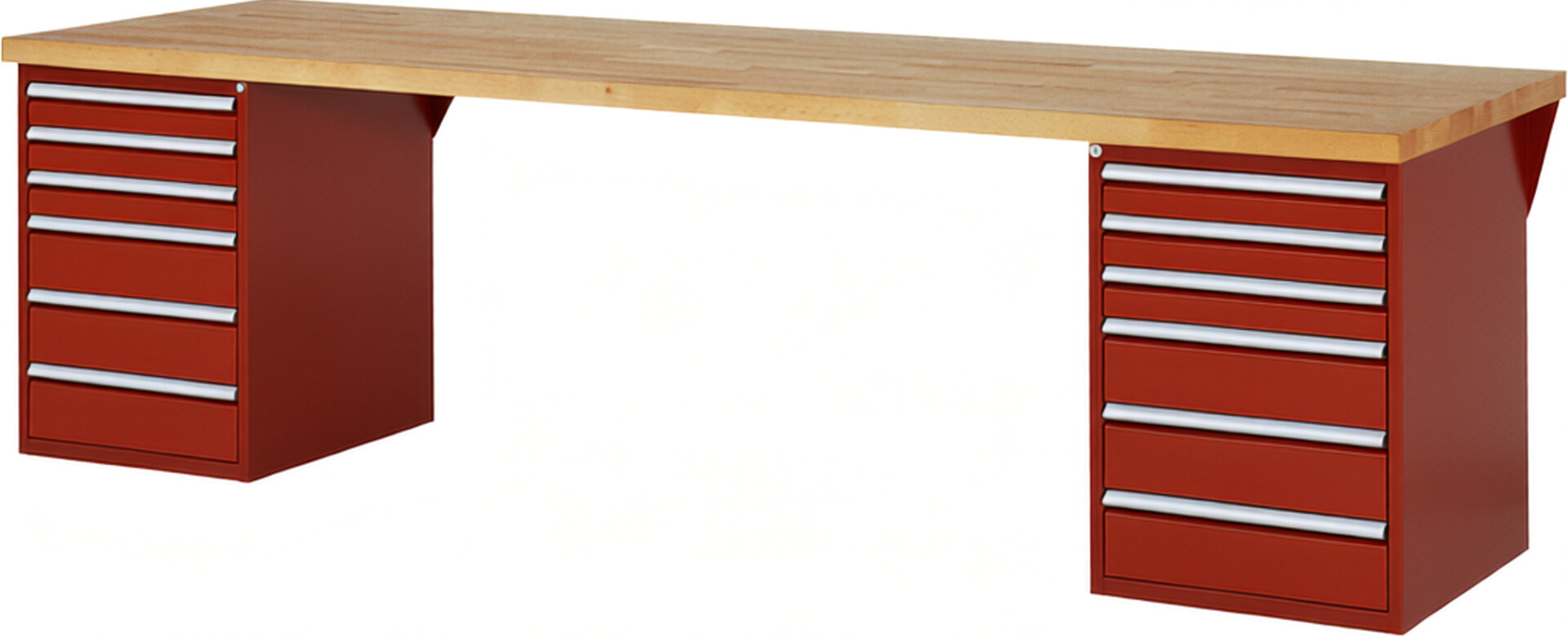 Werkbank Modell 7515 rot, BxTxH 3000x900x890 mm,  Buche-Massiv Arbeitsplatte 40 mm,  12 Schubladen mit  Auszug 90 %