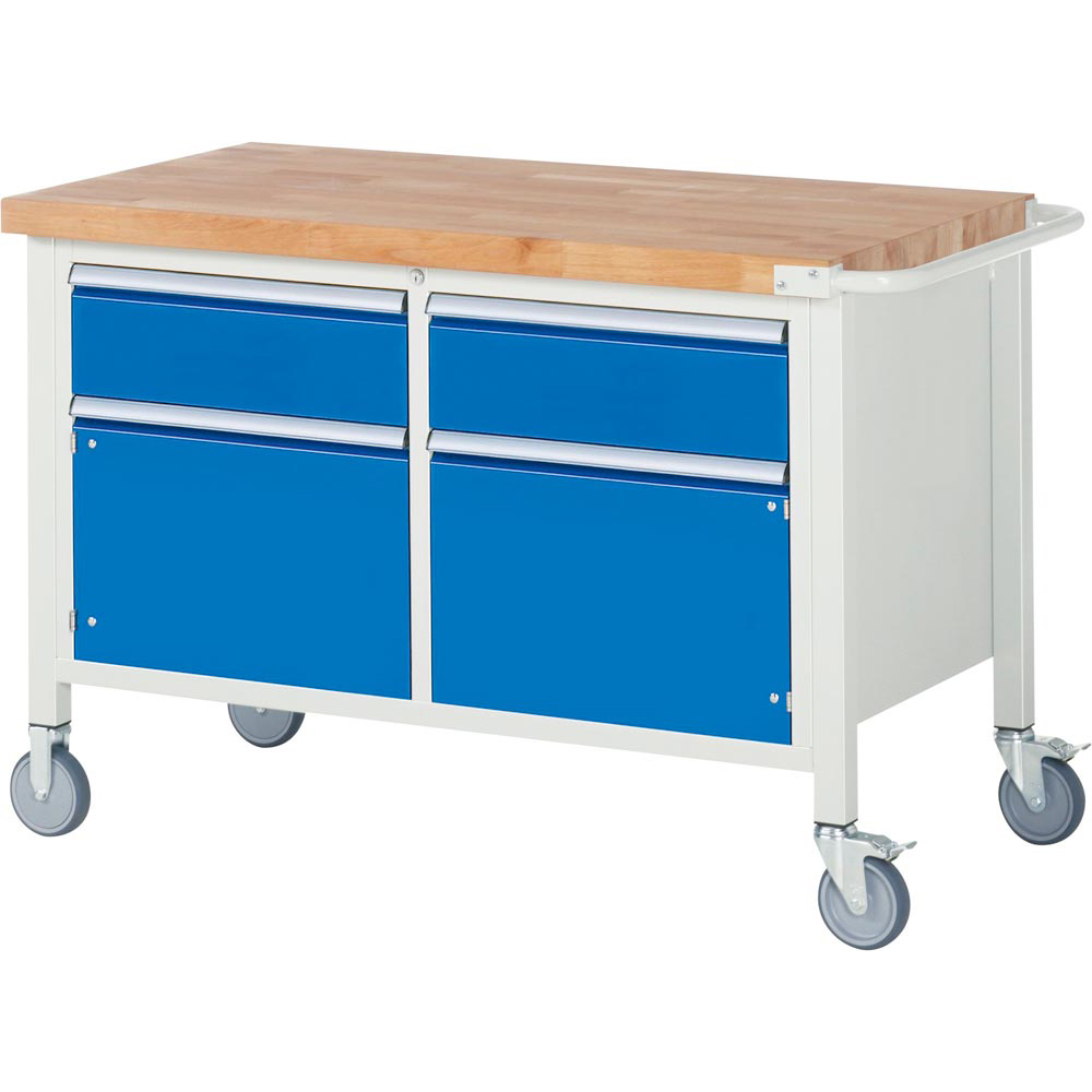Fahrbare Werkbank, BxTxH 1250x700x880 mm, 2 Schubladen 180 mm, 2 Türen 360 mm, RAL7035/RAL5010