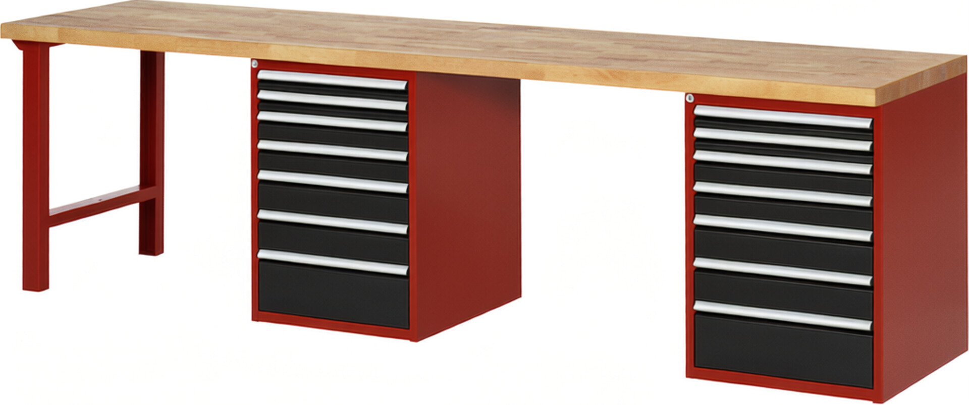 Werkbank Modell 7517 rot - schwarz, BxTxH 3000x700x840 mm,  Buche-Massiv Arbeitsplatte 40 mm,  14 Schubladen mit  Auszug 90 %