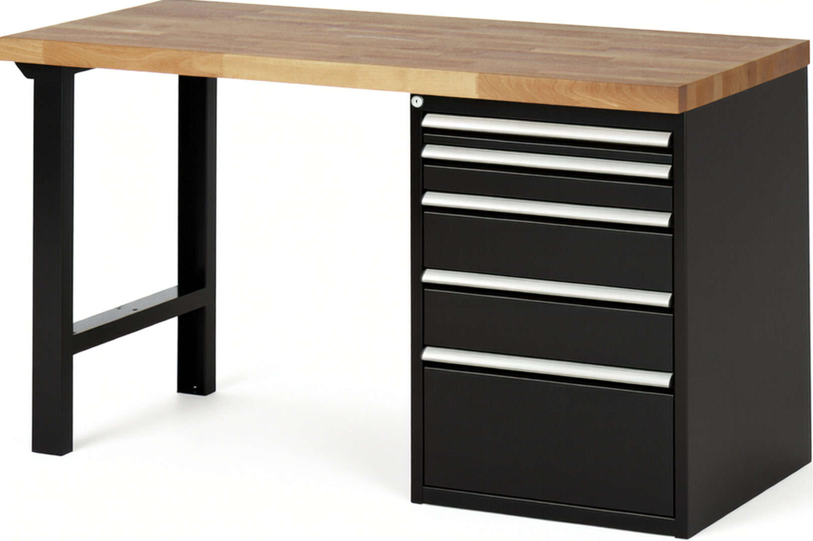 Werkbank Modell 7511 schwarz, BxTxH 1500x700x890 mm,  Buche-Massiv Arbeitsplatte 40 mm,  5 Schubladen mit  Auszug 90 %