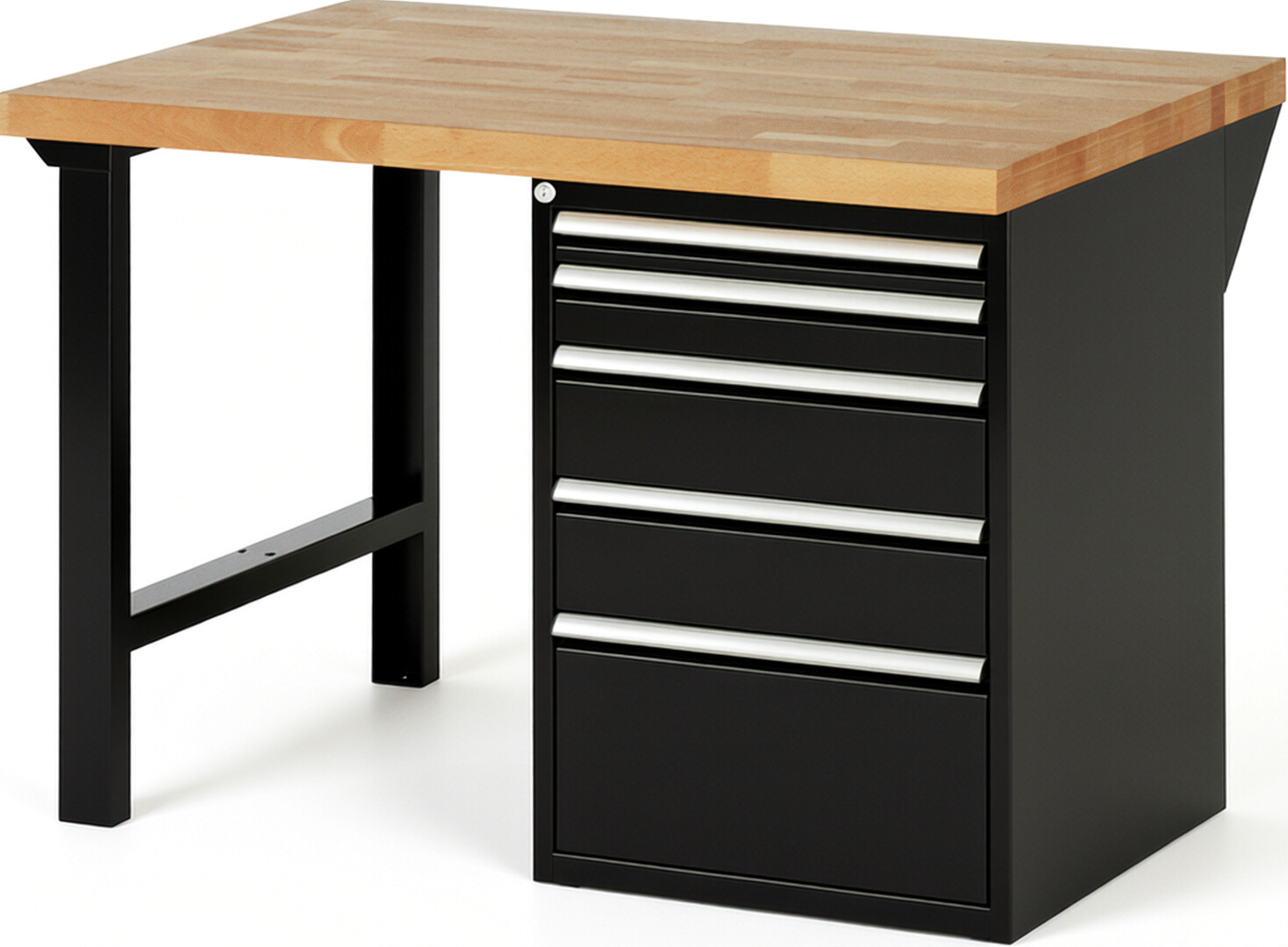 Werkbank Modell 7511 schwarz, BxTxH 1250x900x890 mm,  Buche-Massiv Arbeitsplatte 40 mm,  5 Schubladen mit  Auszug 90 %