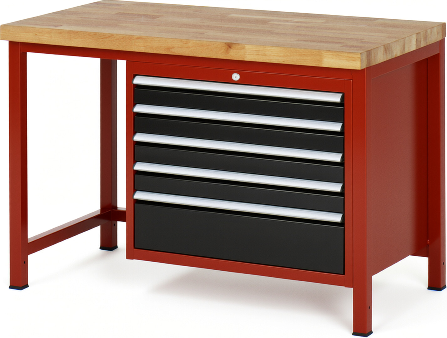 Werkbank Modell 8268 rot - schwarz, BxTxH 1250x700x840 mm,  Buche-Massiv Arbeitsplatte 40 mm,  5 Schubladen mit  Auszug 90 %