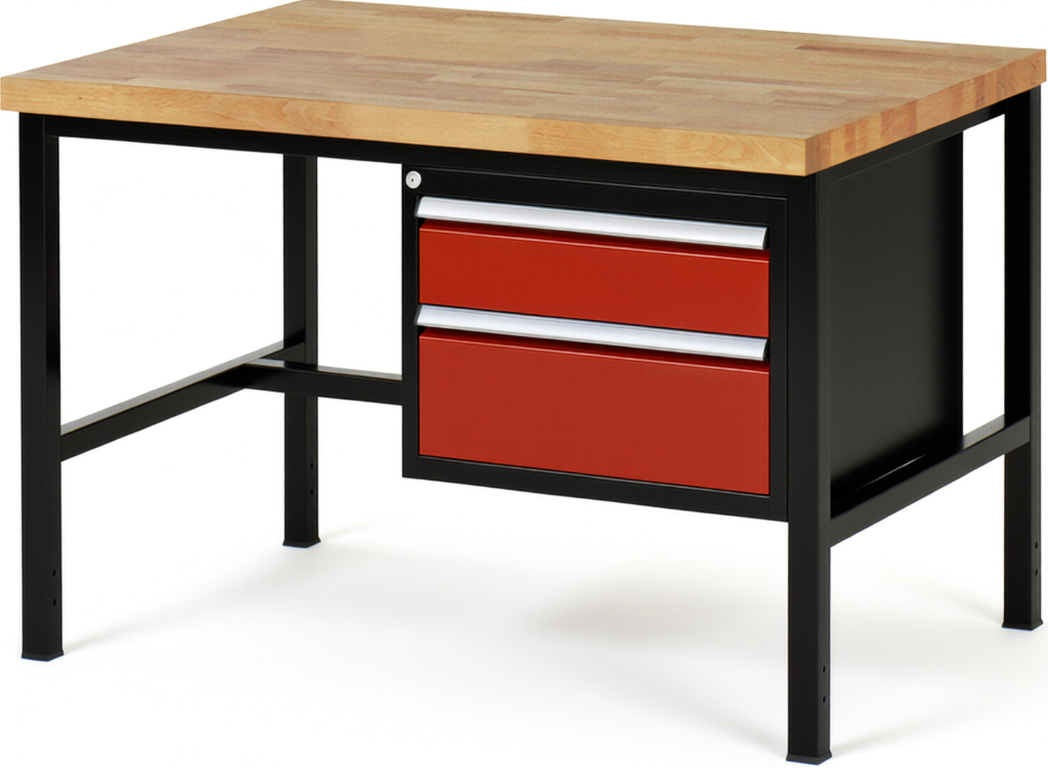RAU Werkbank schwarz - rot - Breite 125 cm - Tiefe 90 cm - Höhe 104 cm - Buche-Massiv Arbeitsplatte 40 mm