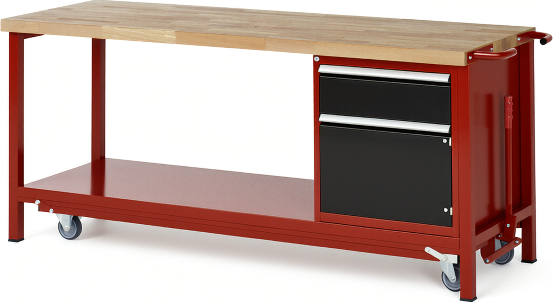 Absenkbare Werkbank Modell 8152 rot - schwarz, BxTxH 2000x700x880 mm,  Buche-Massiv Arbeitsplatte 40 mm,  1 Schublade mit  Auszug 90 %