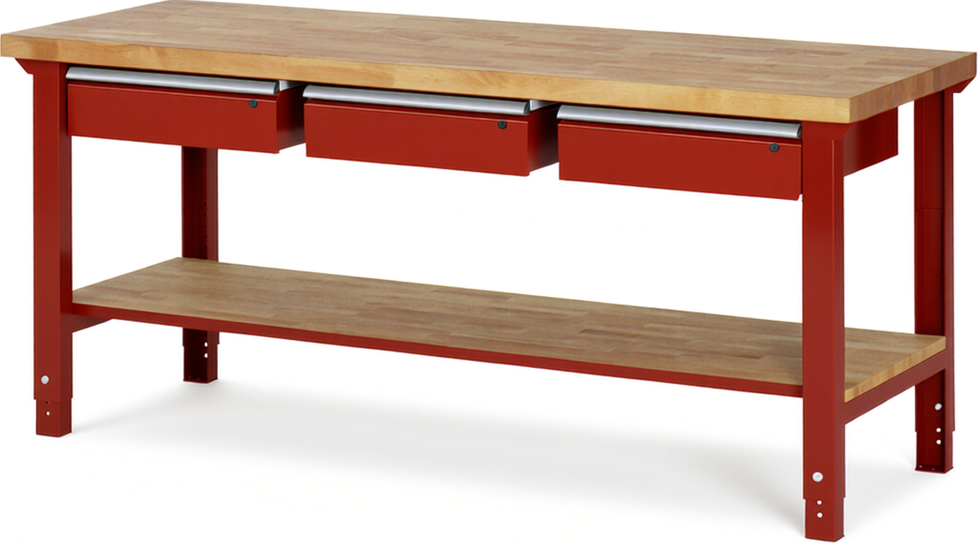 Werkbank Modell 7003 rot, BxTxH 2000x700x790-1140 mm,  Buche-Massiv Arbeitsplatte 40 mm,  3 Schubladen mit  Auszug 90 %
