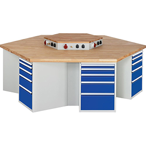 Gruppenwerkbank, Breite 270 cm, Tiefe 234 cm, Höhe 89 cm, 30 Schublade(n), Platte: Buche-Riegel