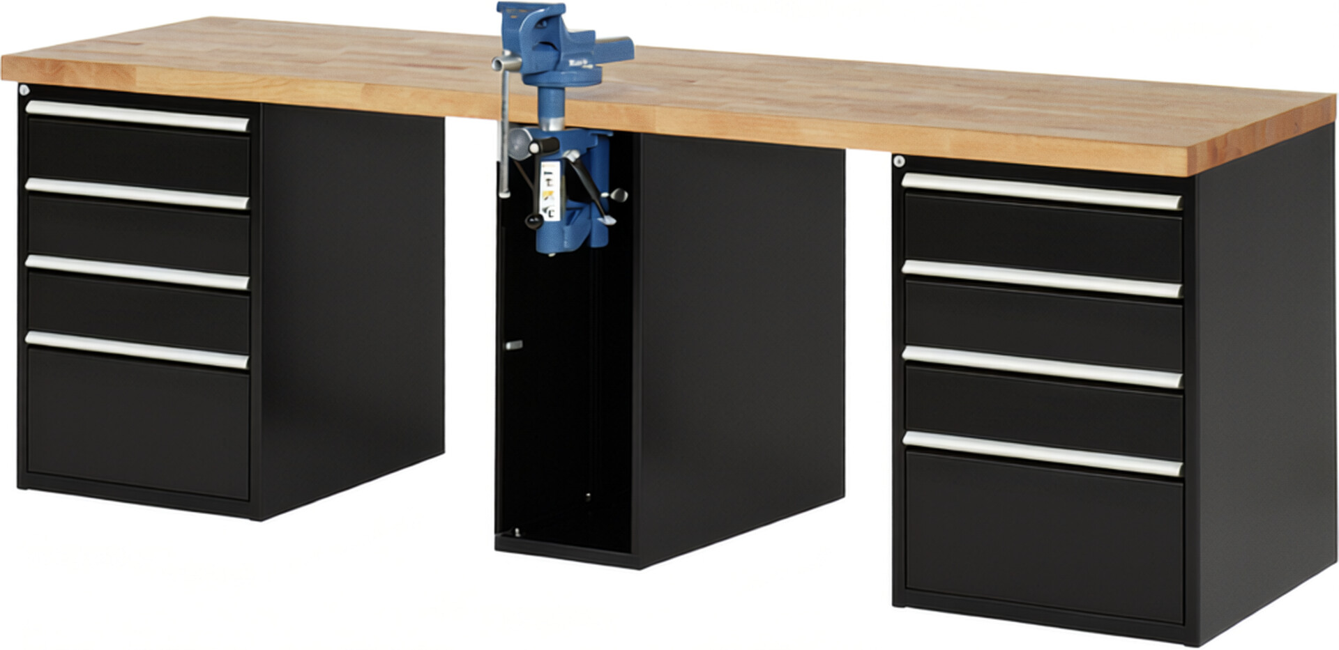 Werkbank Modell 7510 schwarz, BxTxH 2500x700x890 mm,  Buche-Massiv Arbeitsplatte 40 mm,  8 Schubladen mit  Auszug 90 %